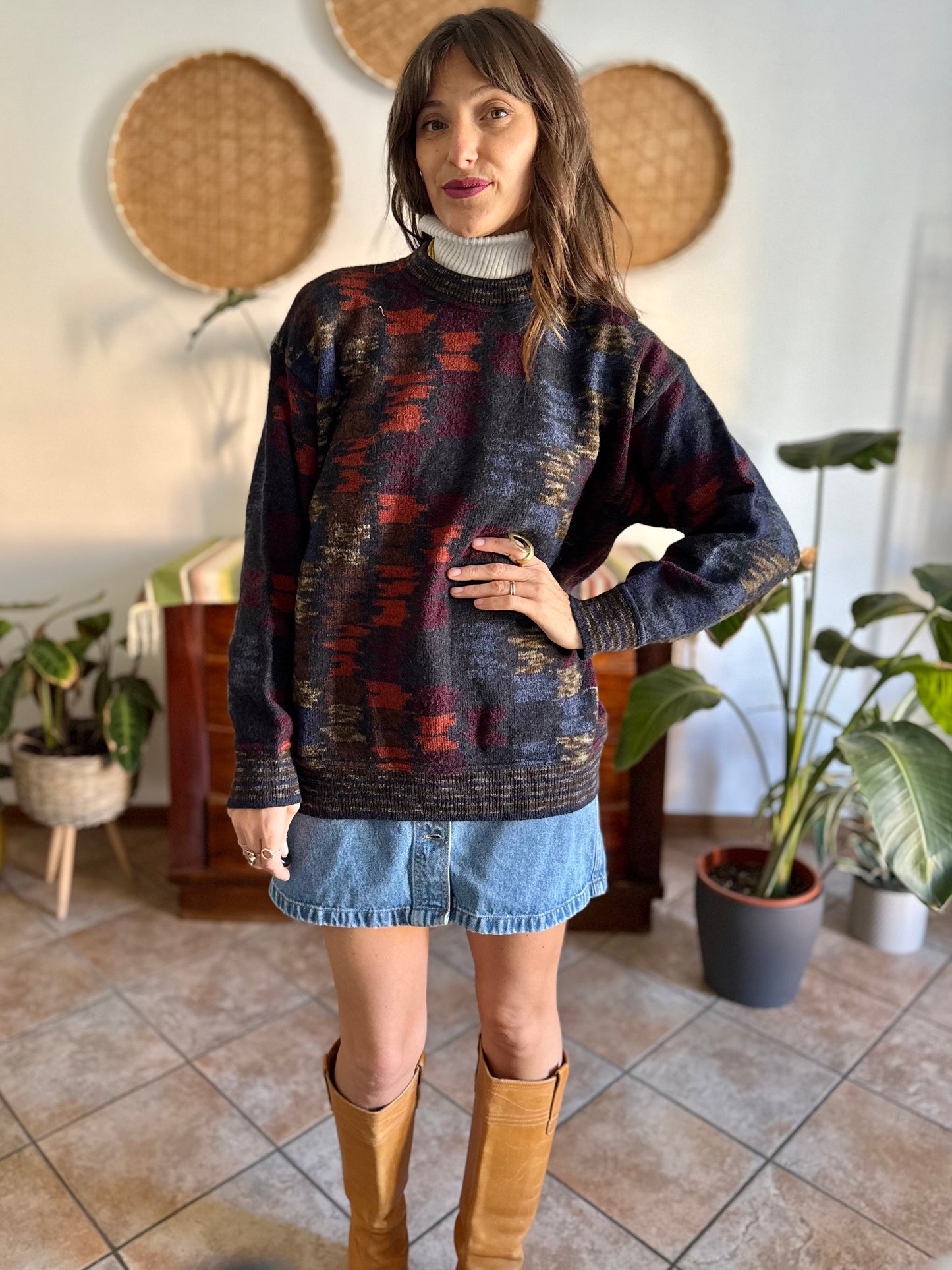 1990's vintage charcoal grey and multicolor houndstooth knit wool pullover
