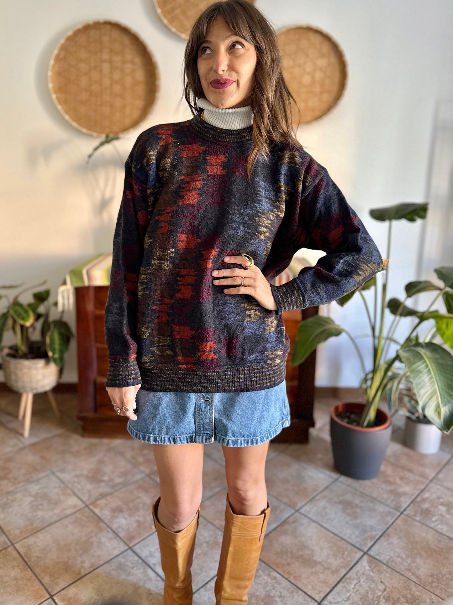1990's vintage charcoal grey and multicolor houndstooth knit wool pullover
