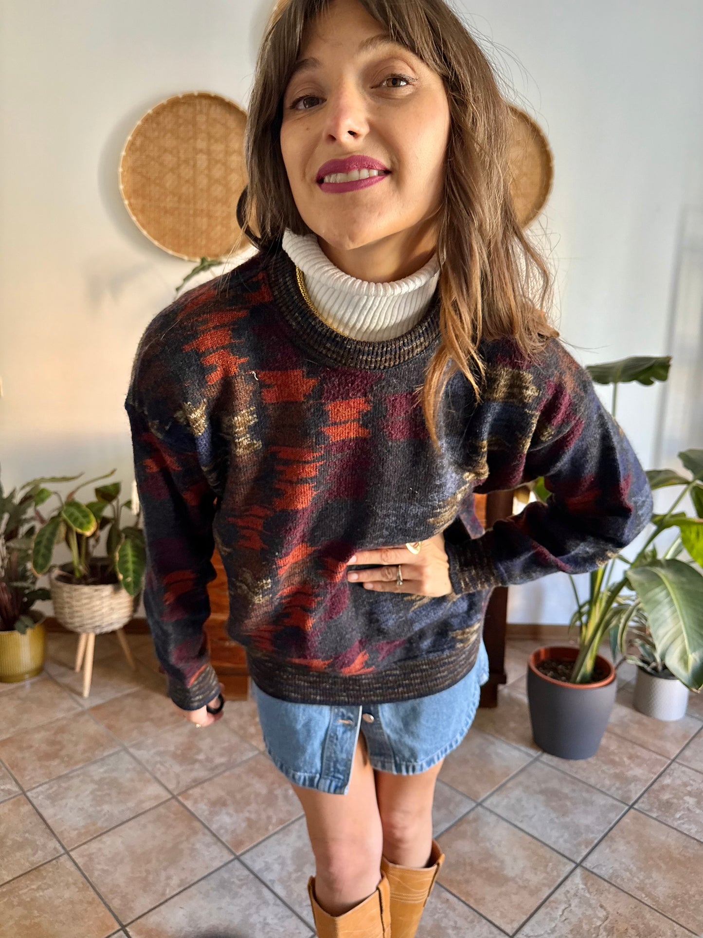 1990's vintage charcoal grey and multicolor houndstooth knit wool pullover
