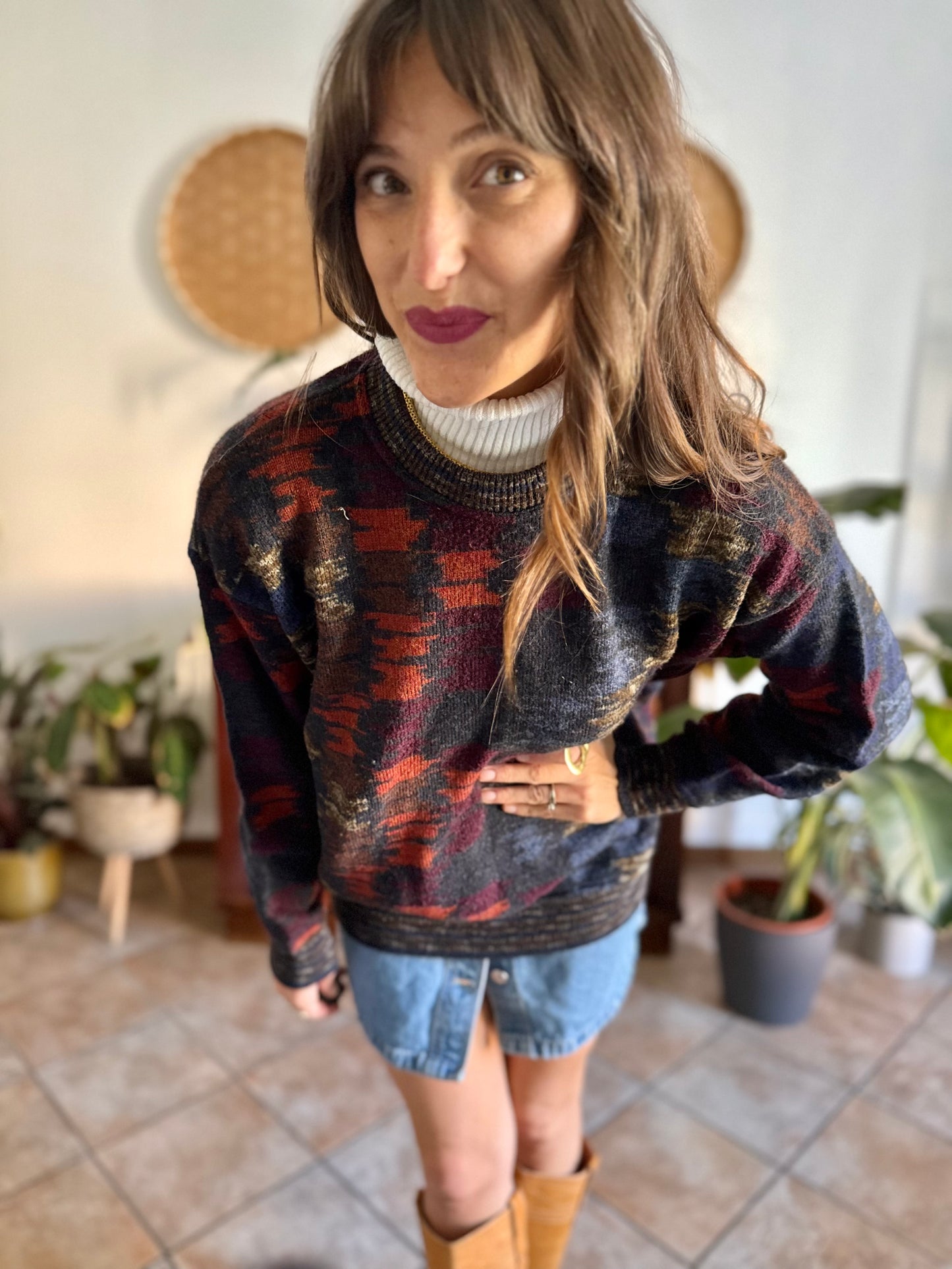 1990's vintage charcoal grey and multicolor houndstooth knit wool pullover