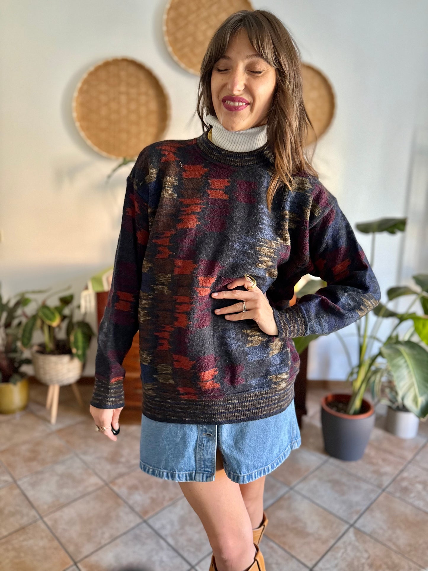 1990's vintage charcoal grey and multicolor houndstooth knit wool pullover