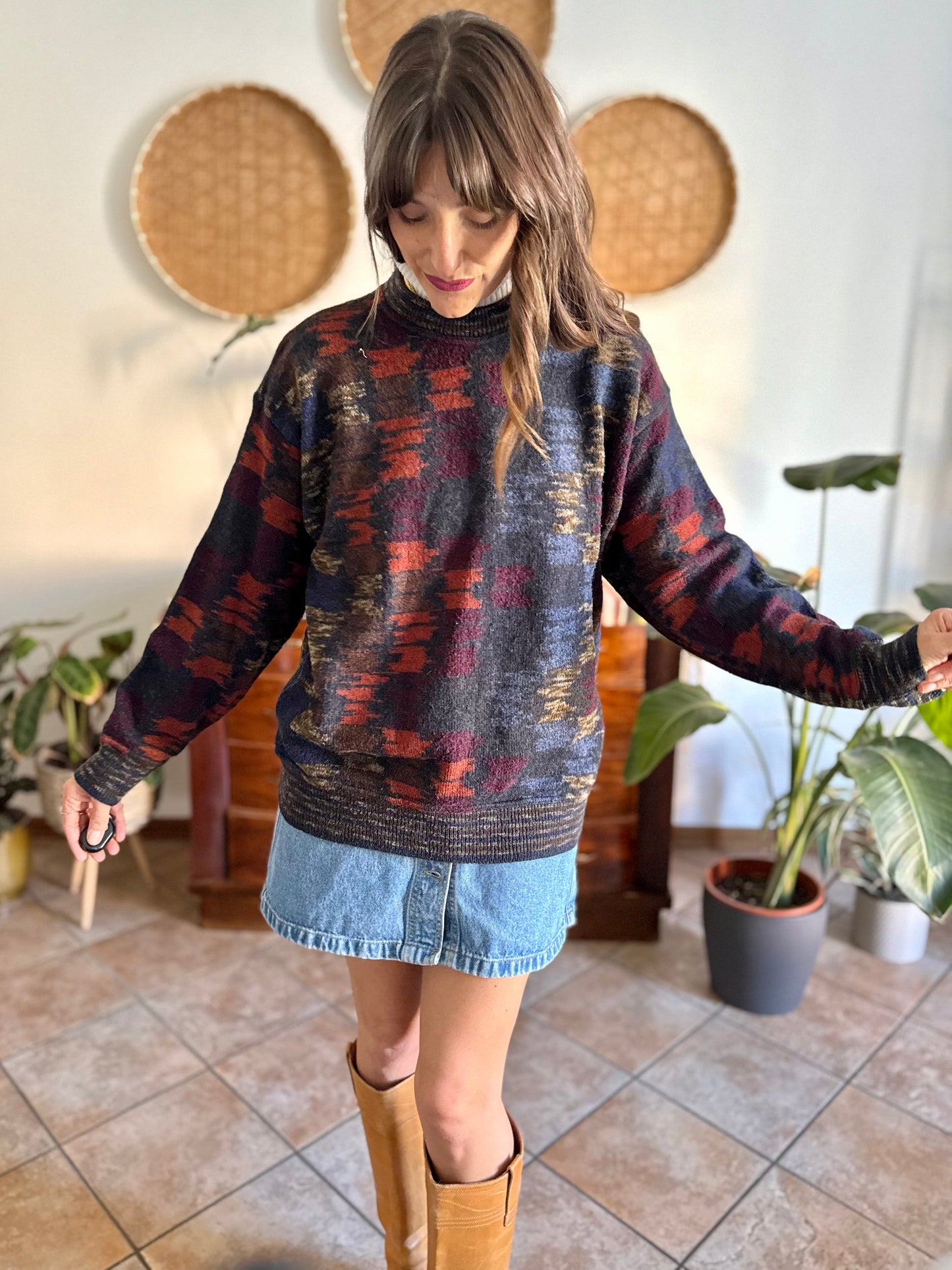 1990's vintage charcoal grey and multicolor houndstooth knit wool pullover