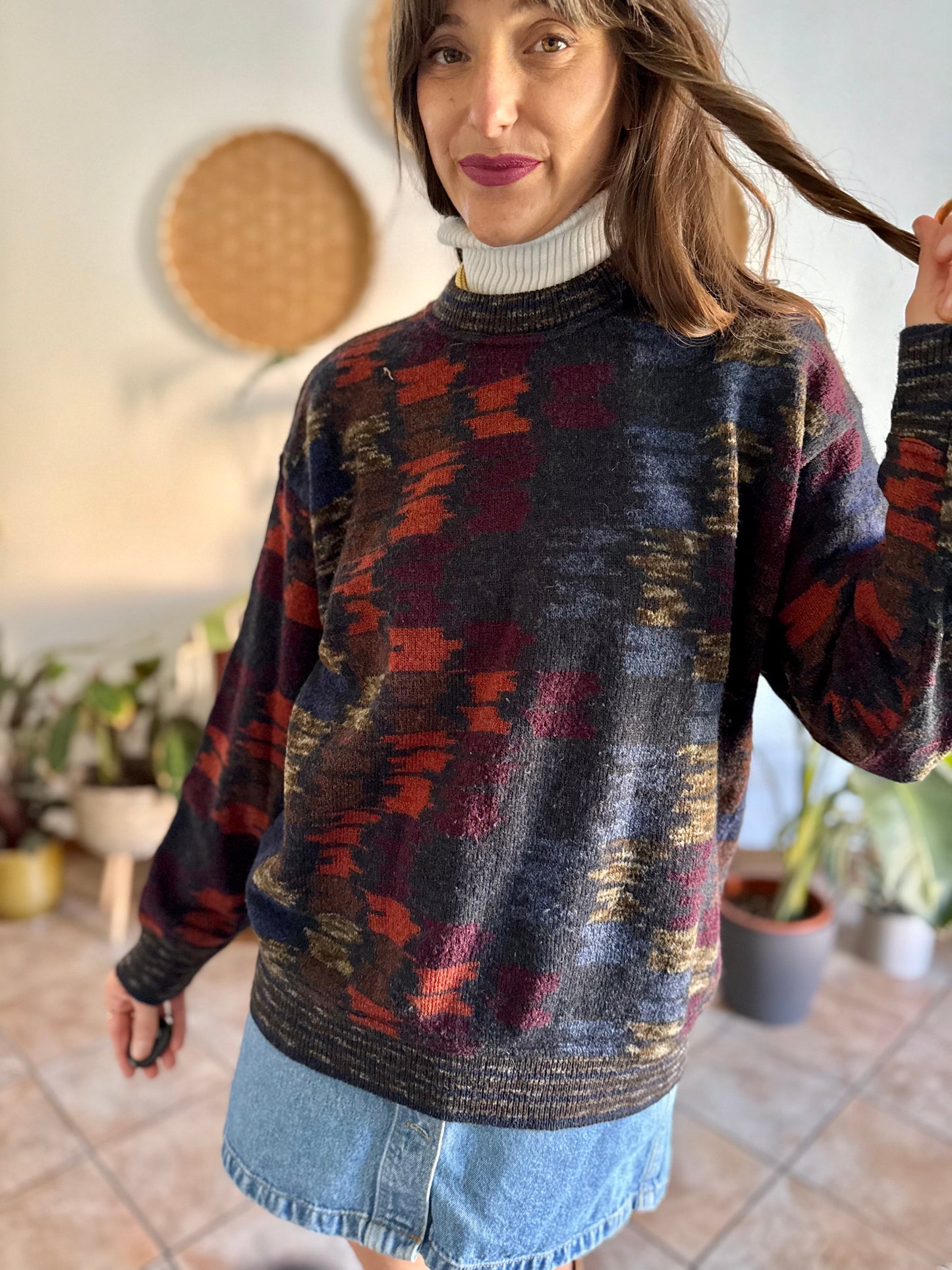 1990's vintage charcoal grey and multicolor houndstooth knit wool pullover