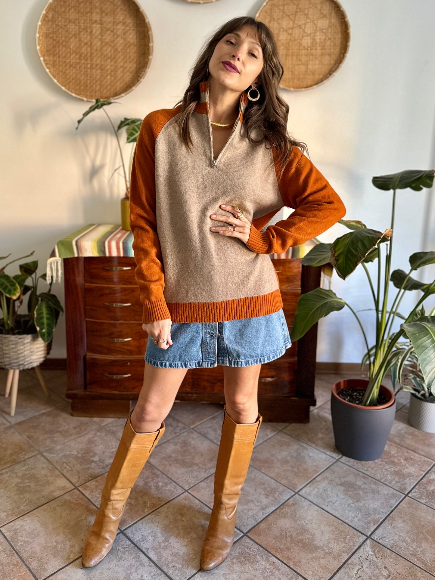 1990's vintage beige and dark orange wool half zip mock neck pullover