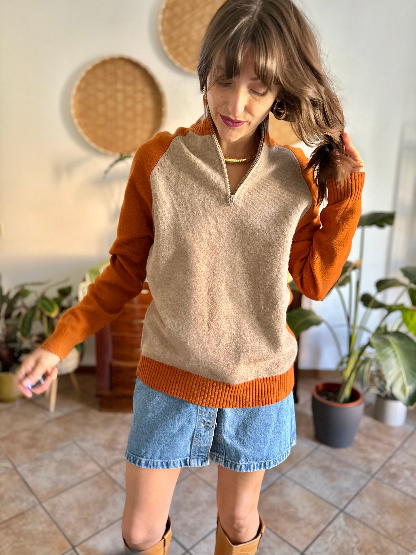 1990's vintage beige and dark orange wool half zip mock neck pullover