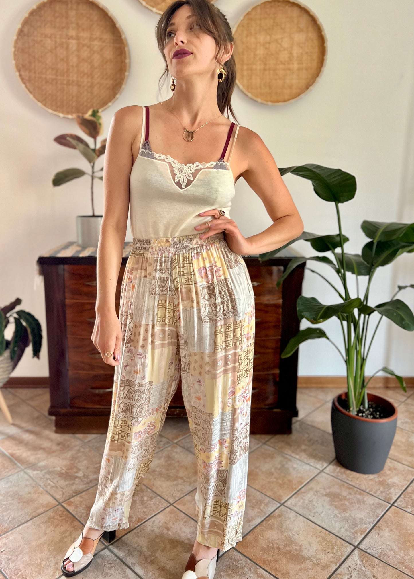 1990's vintage pink, yellow and grey floral patchwork print pants