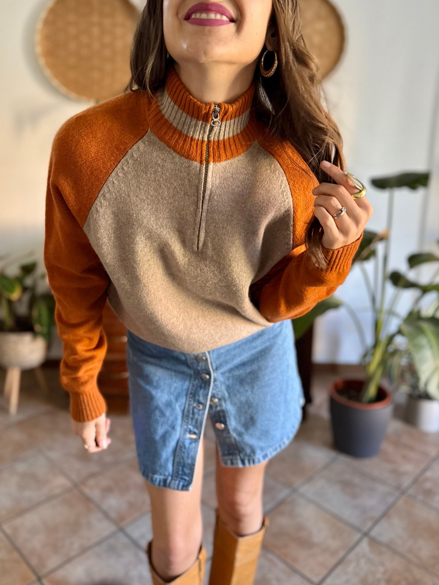 1990's vintage beige and dark orange wool half zip mock neck pullover