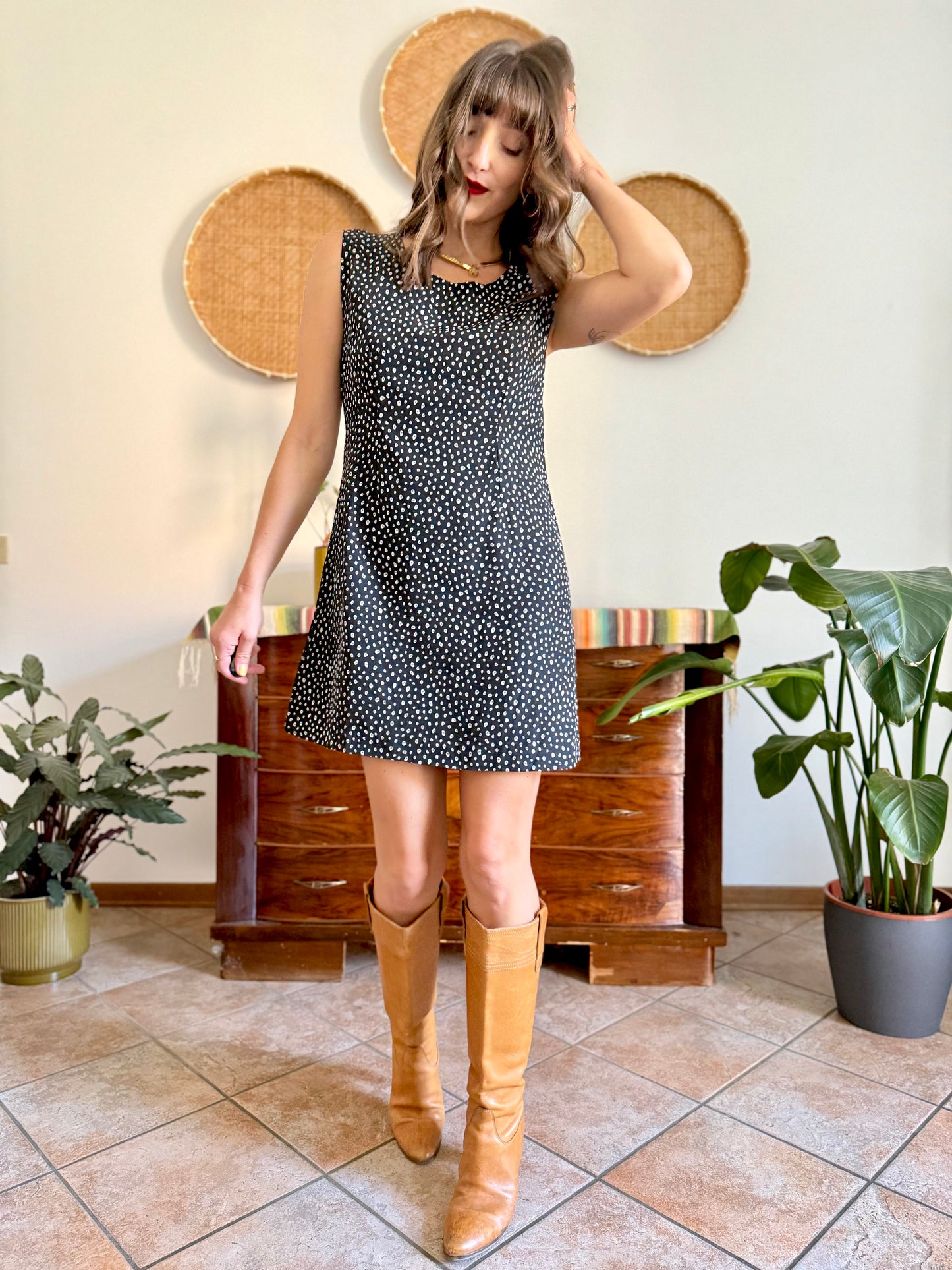 1990's vintage black, grey and white abstract polka dot mini dress