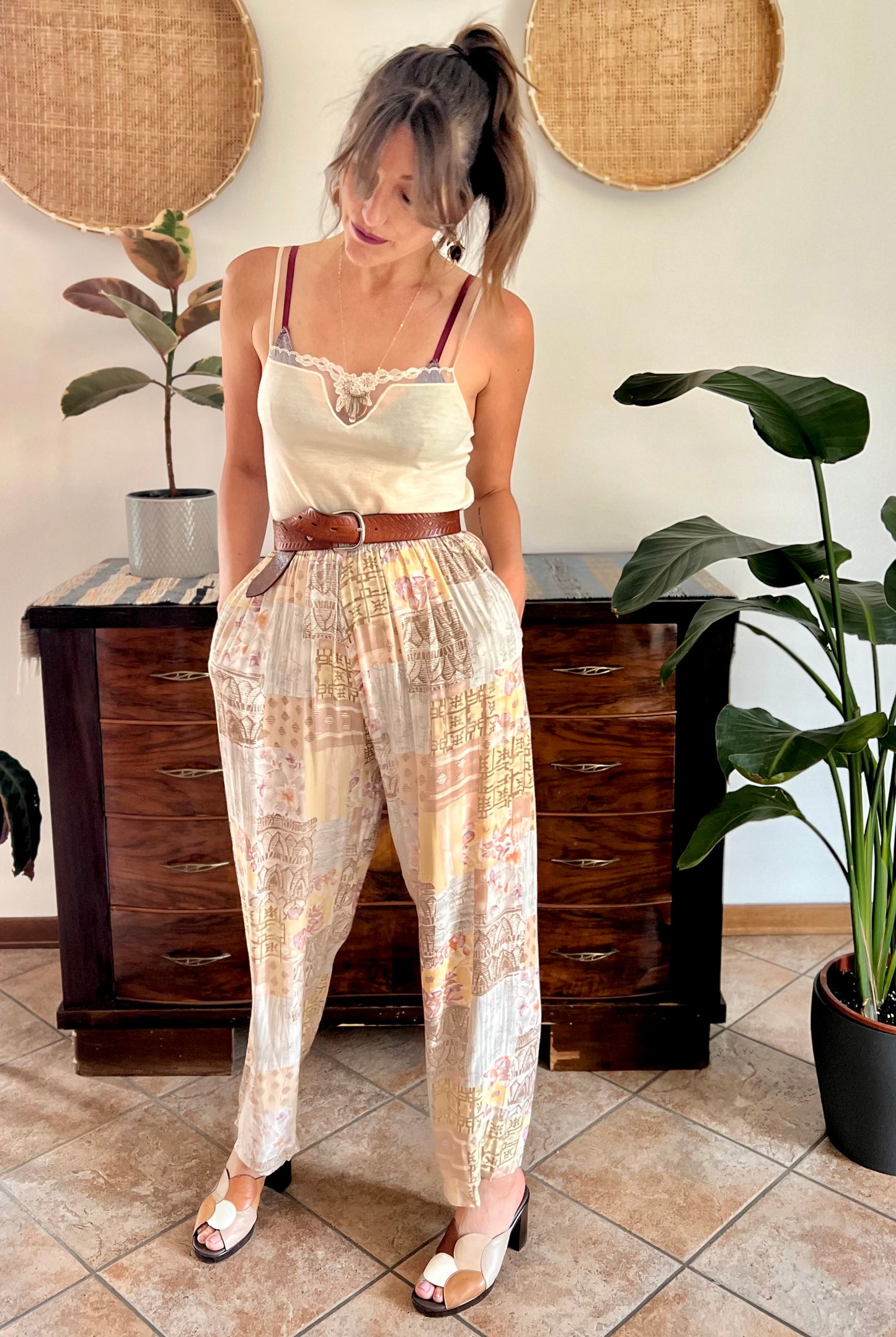1990's vintage pink, yellow and grey floral patchwork print pants