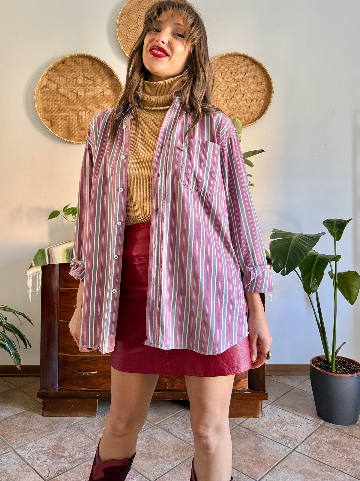 1990's vintage burgundy, blue, grey and white vertical stripe oversize shirt