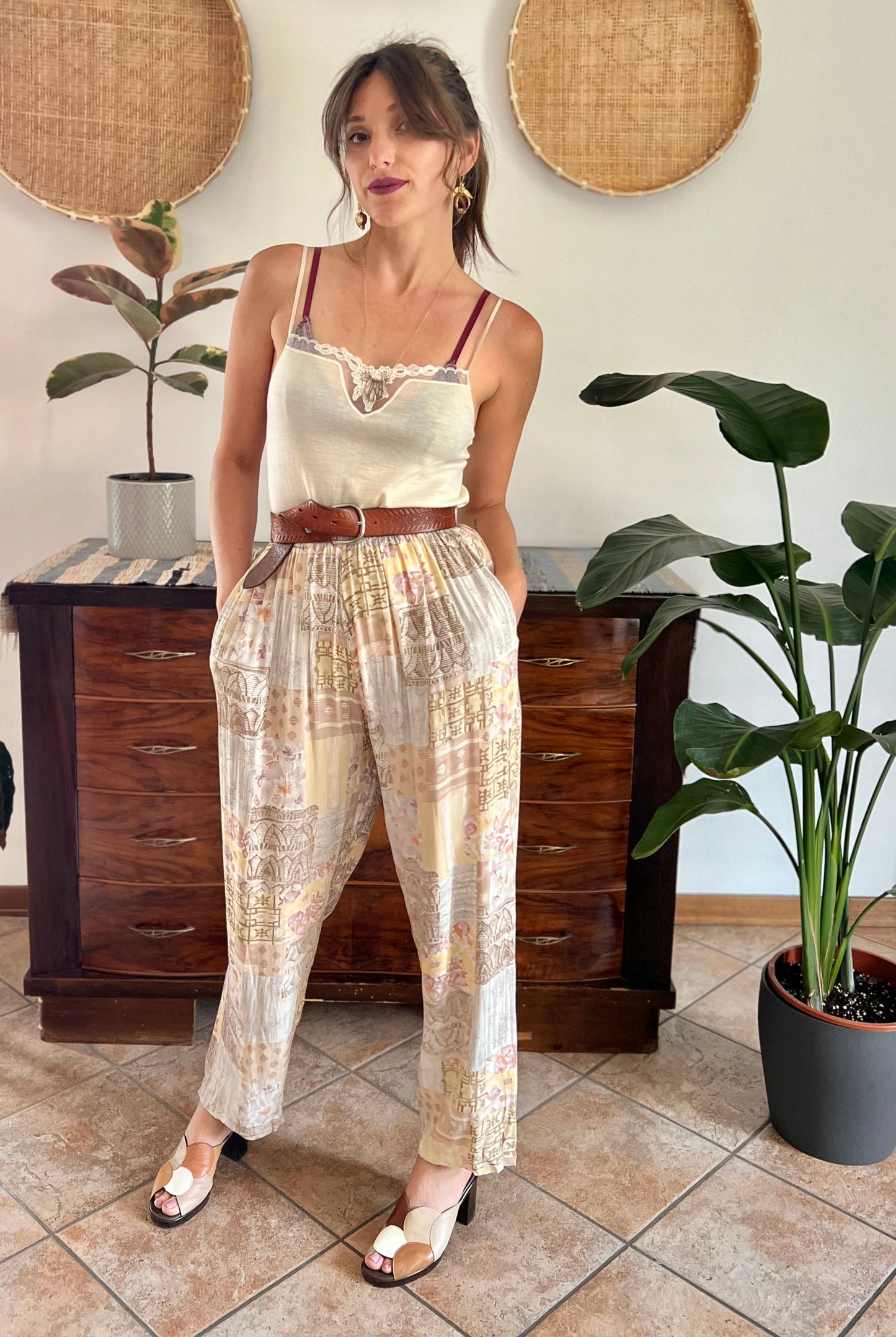 1990's vintage pink, yellow and grey floral patchwork print pants