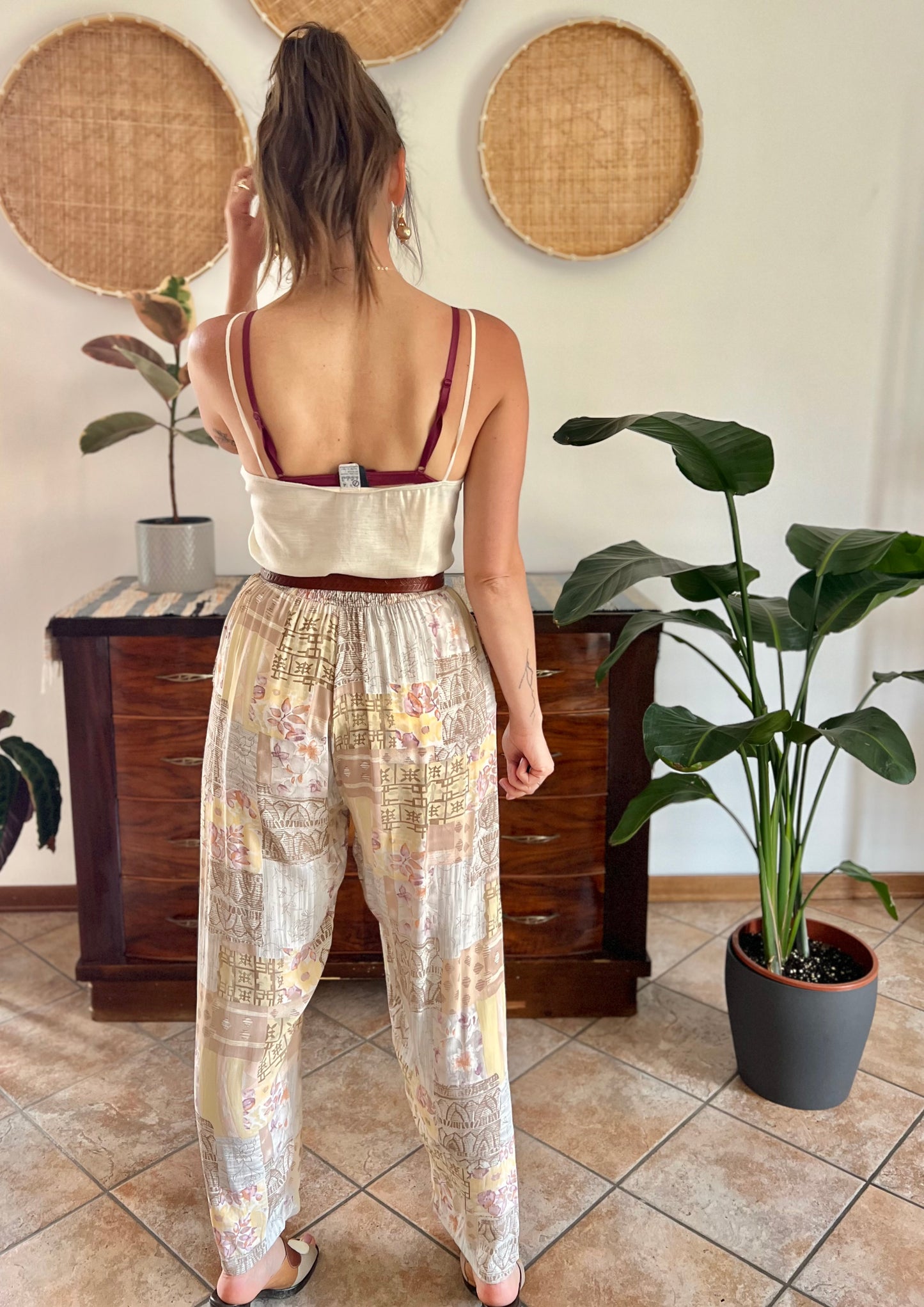 1990's vintage pink, yellow and grey floral patchwork print pants