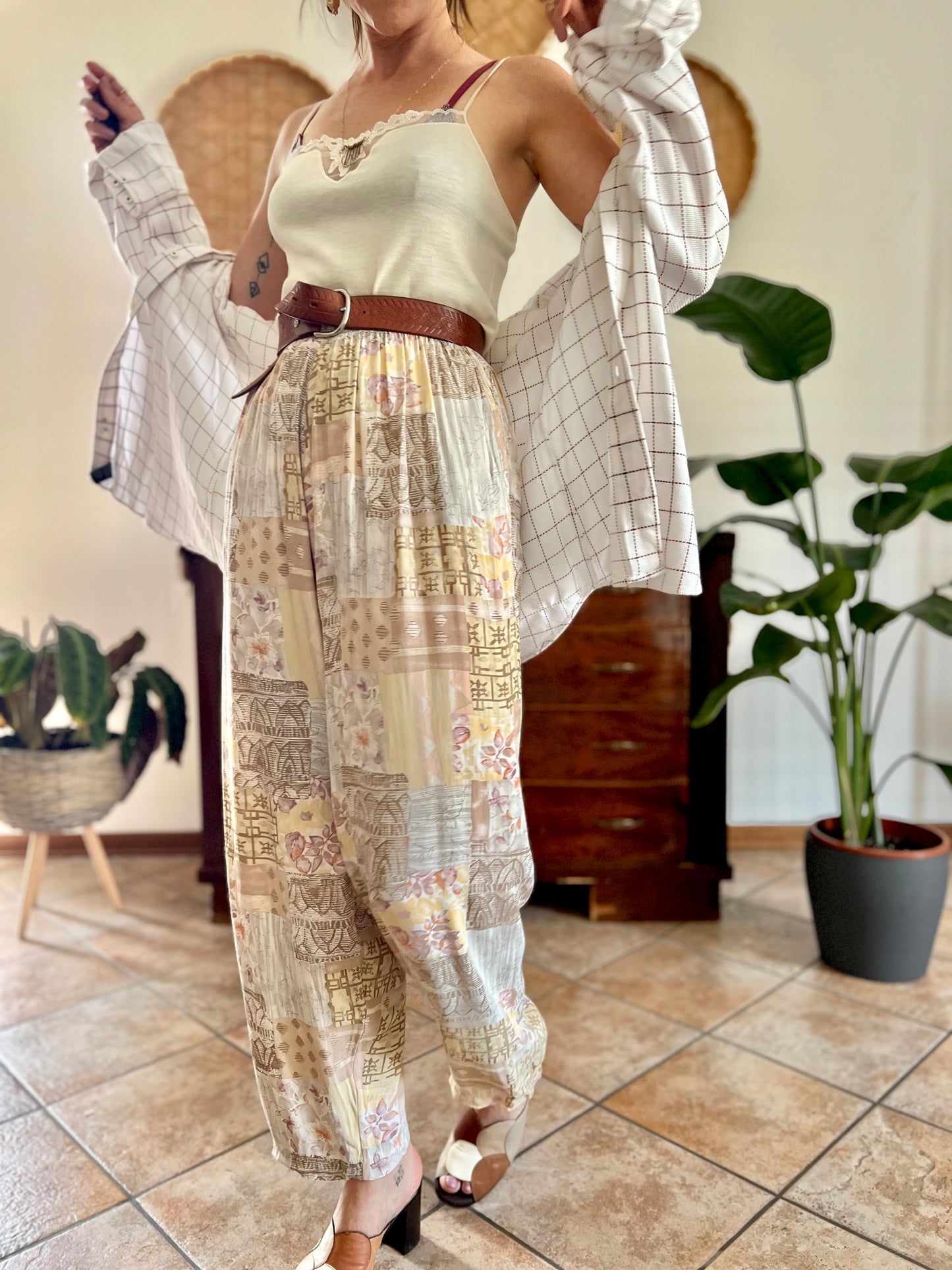 1990's vintage pink, yellow and grey floral patchwork print pants