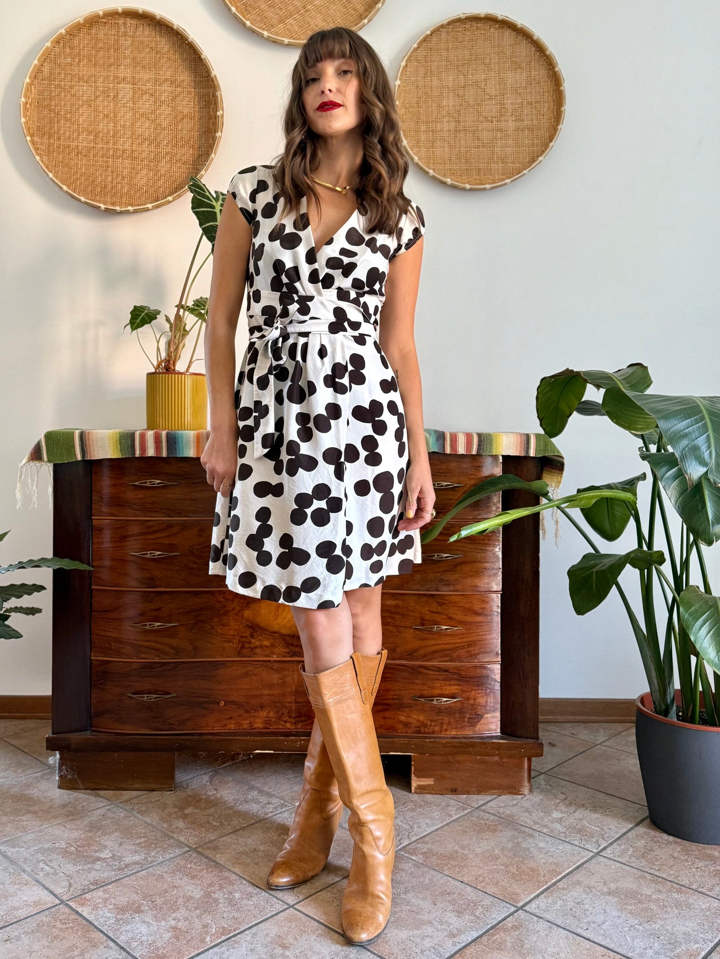 1990’s vintage silk cream with abstract chocolate brown polkadot pattern wrap mini dress