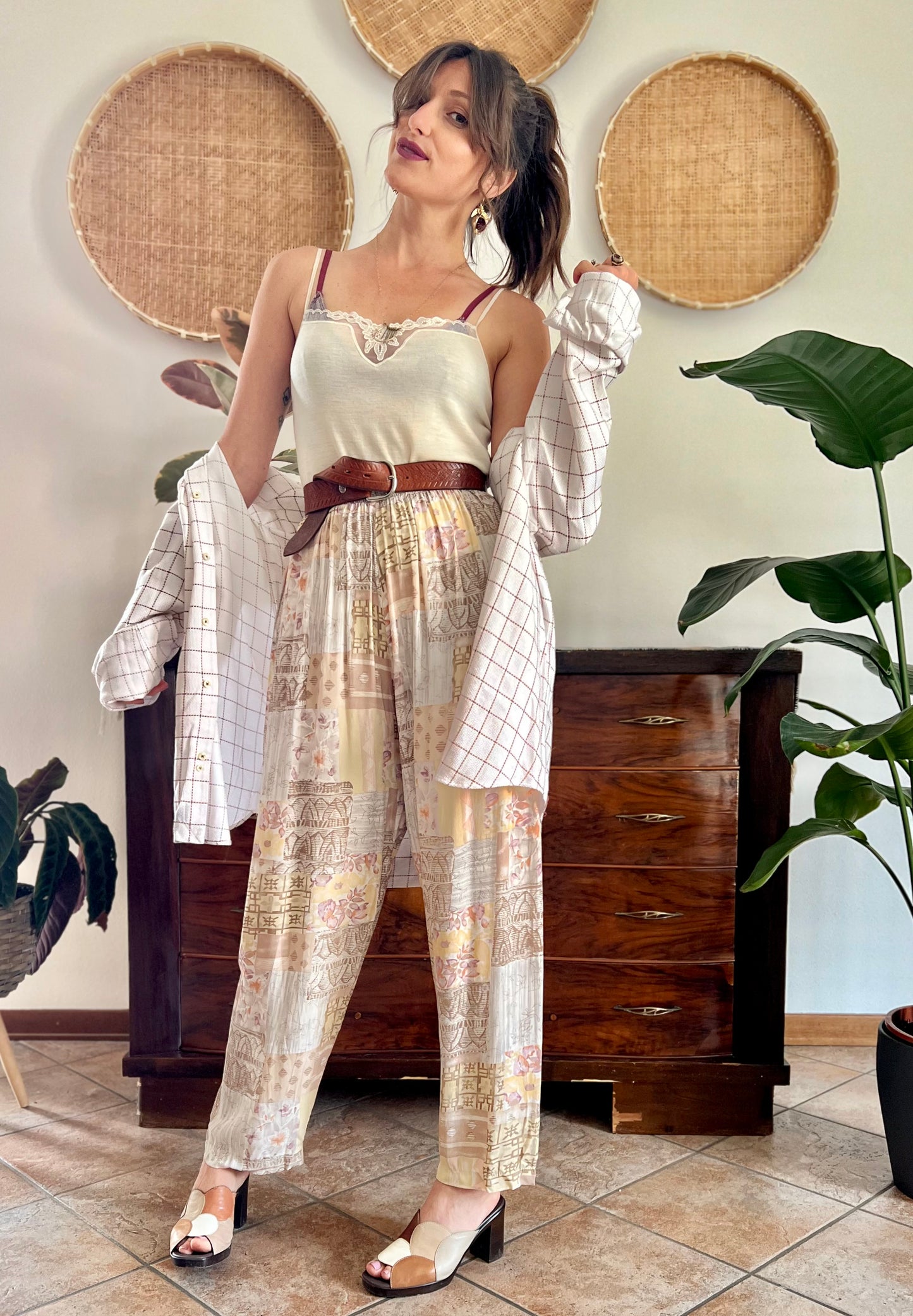 1990's vintage pink, yellow and grey floral patchwork print pants