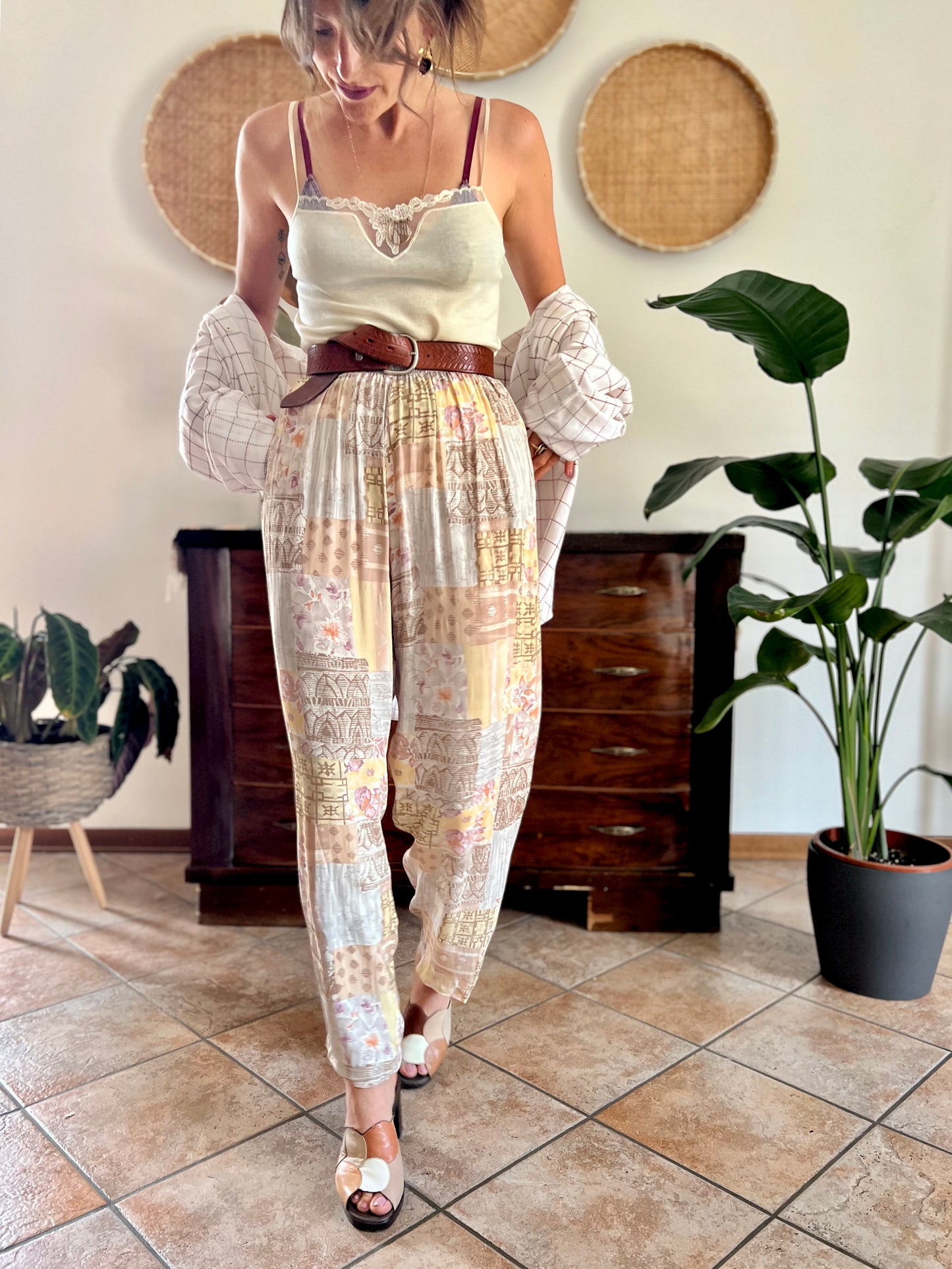 1990's vintage pink, yellow and grey floral patchwork print pants