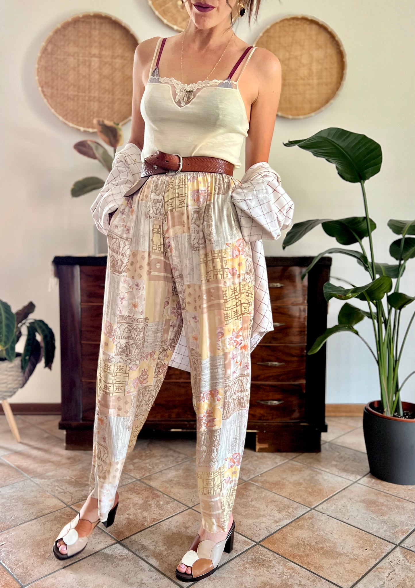 1990's vintage pink, yellow and grey floral patchwork print pants