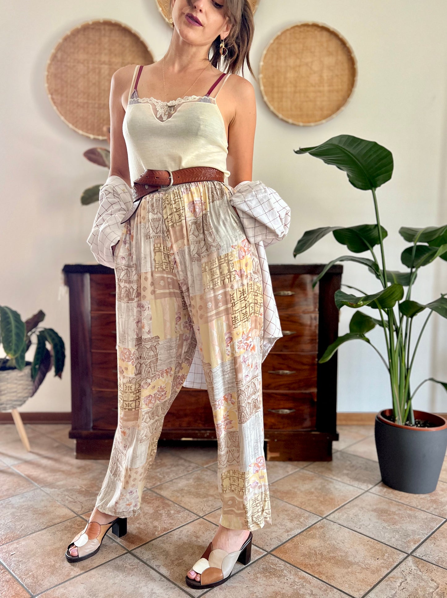 1990's vintage pink, yellow and grey floral patchwork print pants