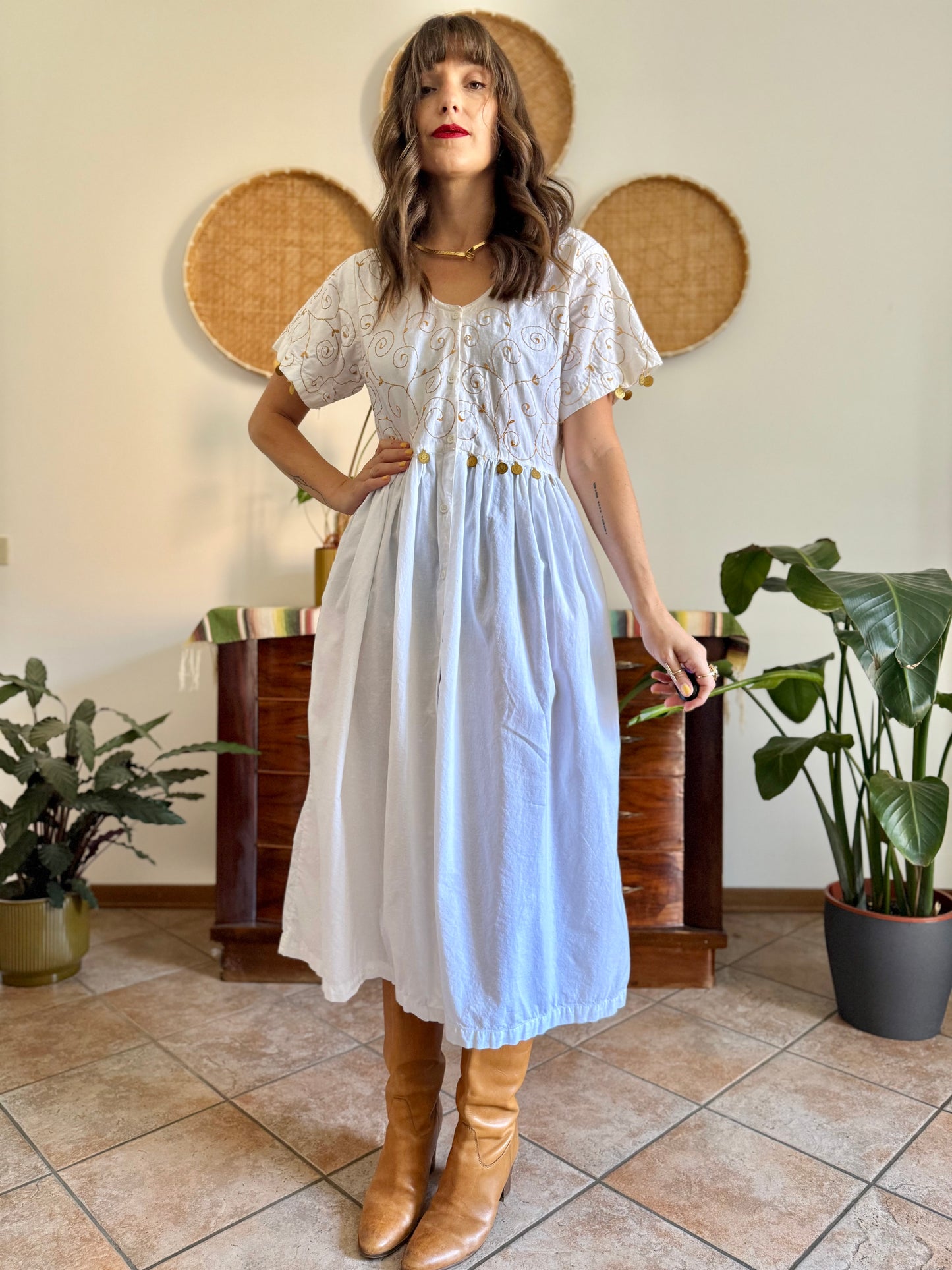 1970’s vintage white cotton prairie midi dress with gold floral embroidery and brass coin detailing