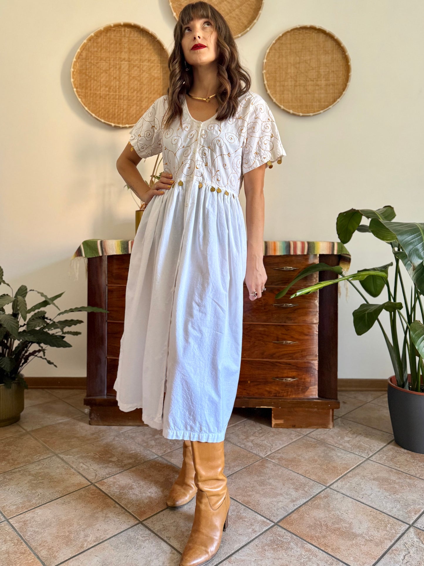 1970’s vintage white cotton prairie midi dress with gold floral embroidery and brass coin detailing