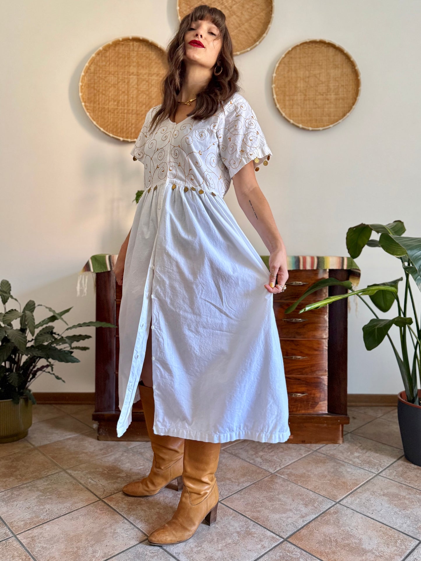1970’s vintage white cotton prairie midi dress with gold floral embroidery and brass coin detailing