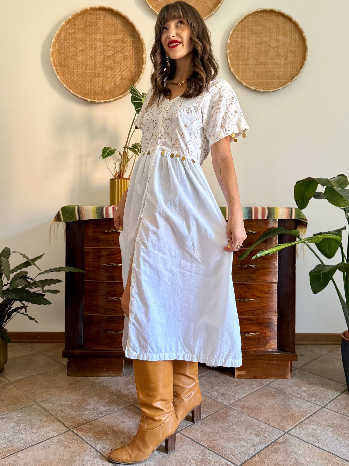 1970’s vintage white cotton prairie midi dress with gold floral embroidery and brass coin detailing