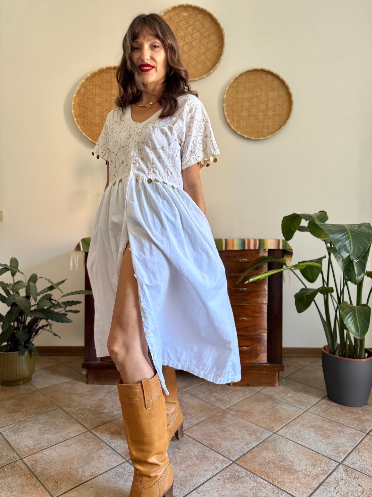 1970’s vintage white cotton prairie midi dress with gold floral embroidery and brass coin detailing