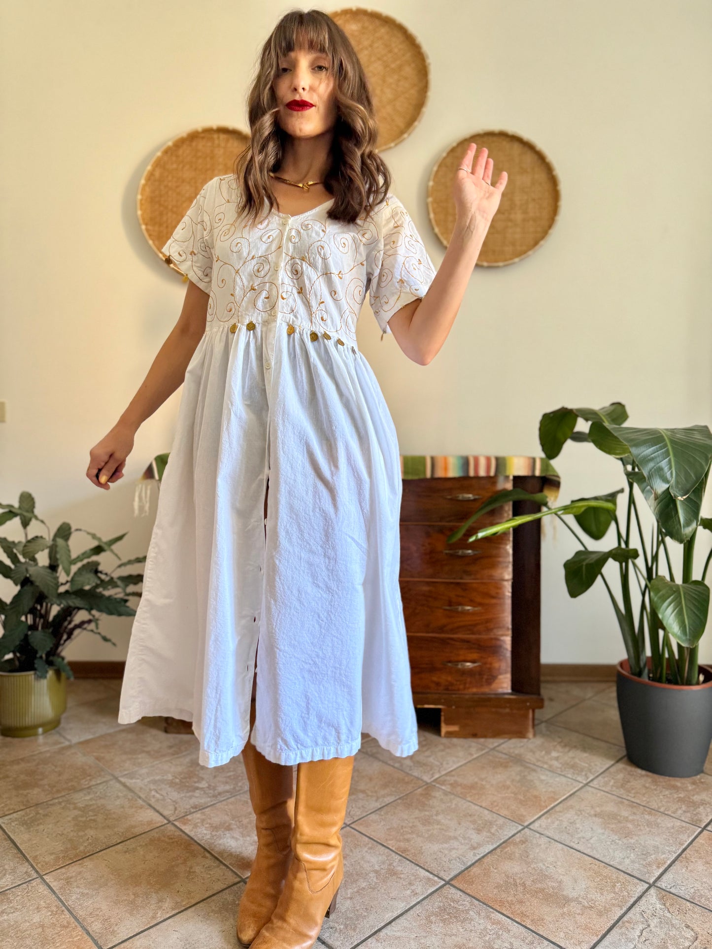 1970’s vintage white cotton prairie midi dress with gold floral embroidery and brass coin detailing