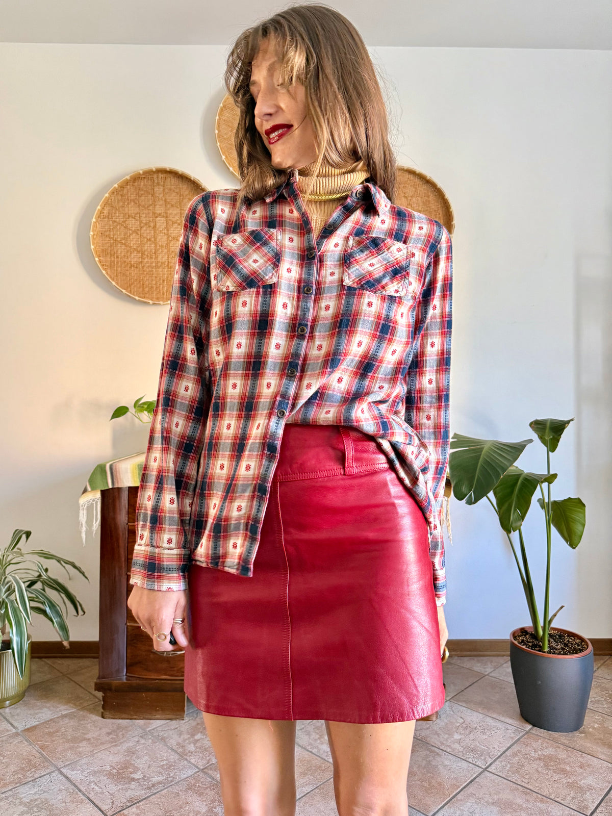 1990's vintage red, navy and tan western plaid shirt with geometric embroidery