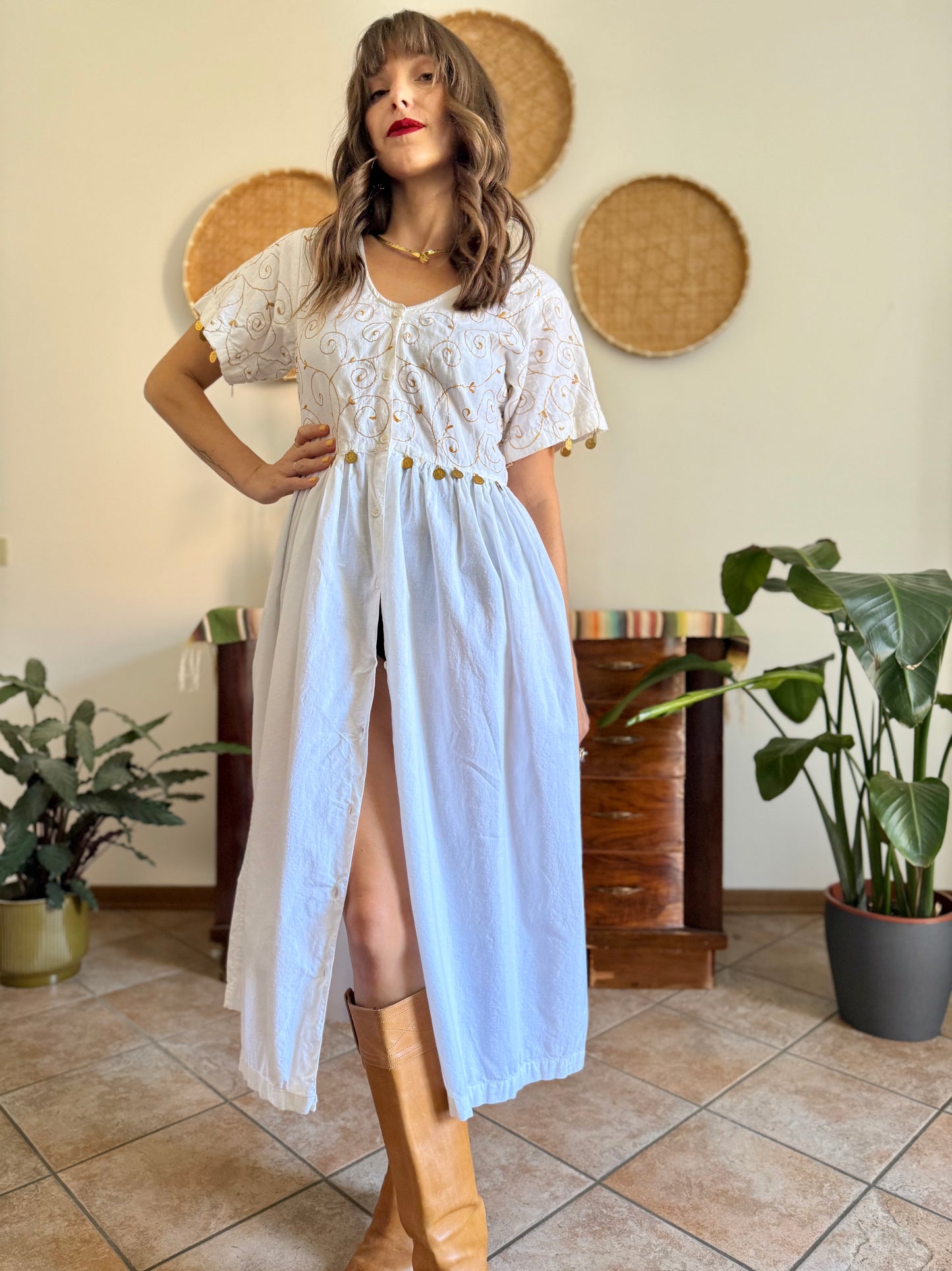 1970’s vintage white cotton prairie midi dress with gold floral embroidery and brass coin detailing