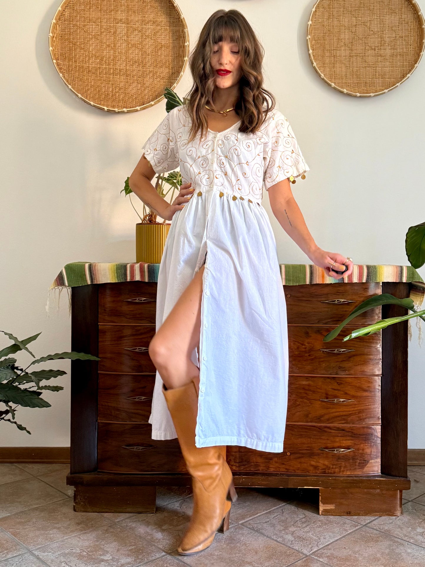1970’s vintage white cotton prairie midi dress with gold floral embroidery and brass coin detailing