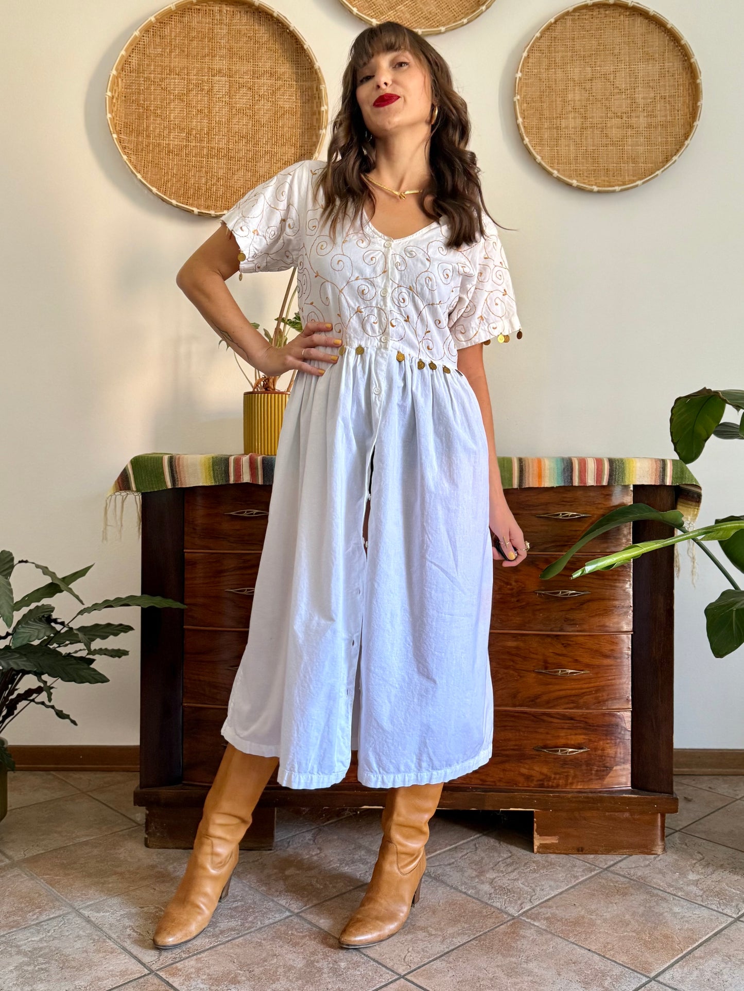 1970’s vintage white cotton prairie midi dress with gold floral embroidery and brass coin detailing