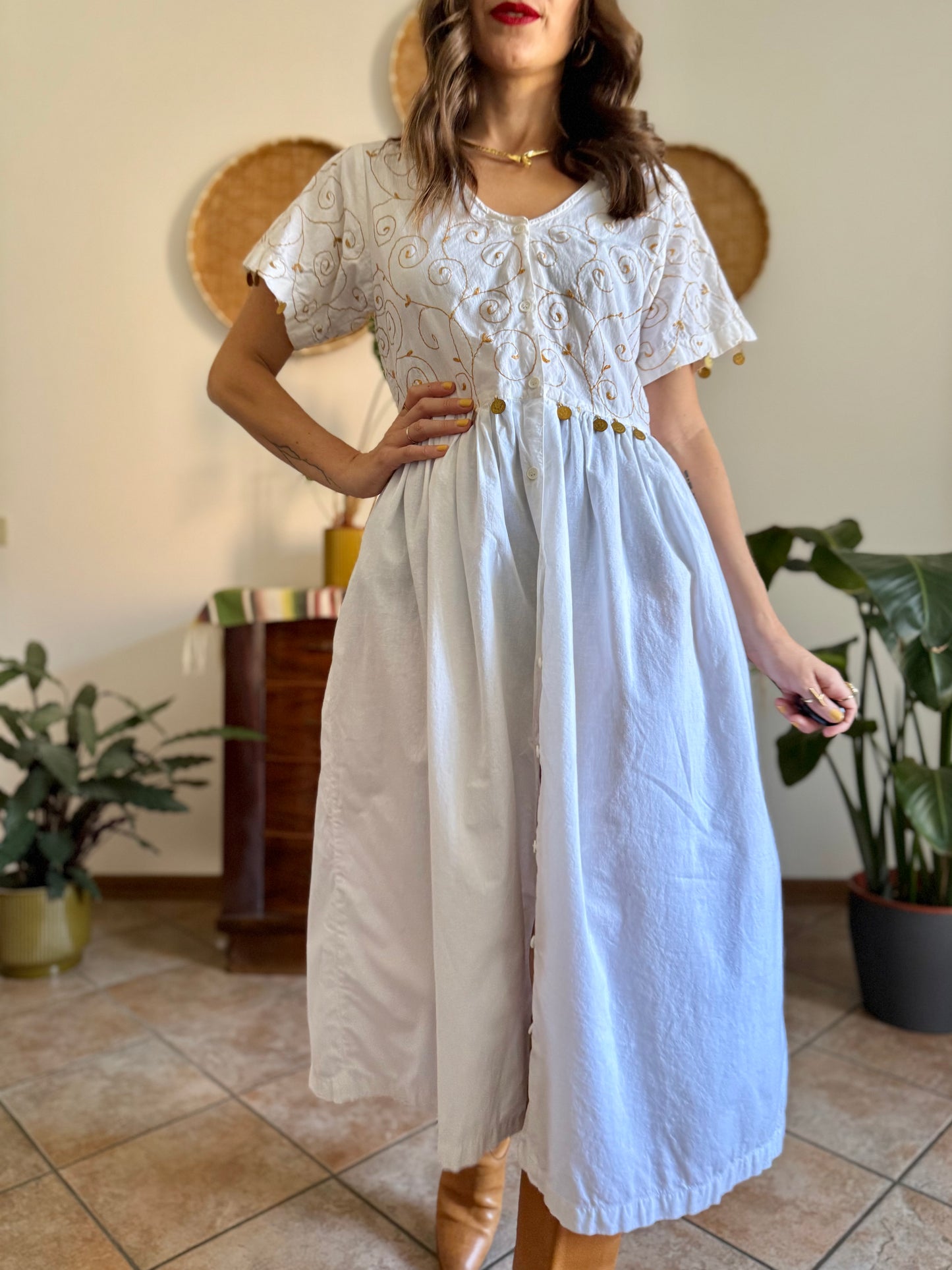 1970’s vintage white cotton prairie midi dress with gold floral embroidery and brass coin detailing