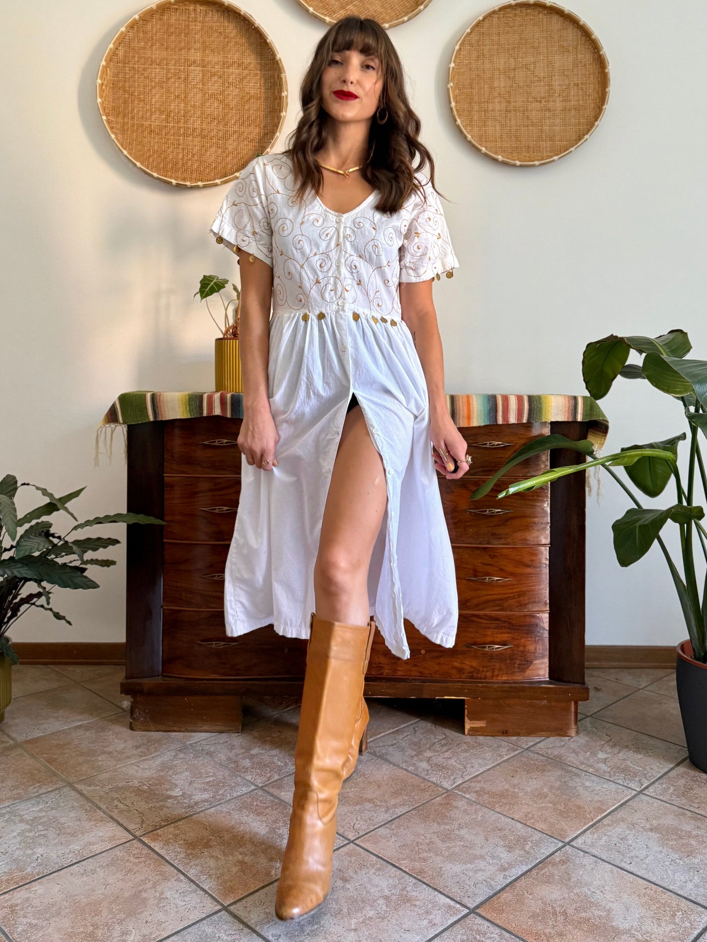 1970’s vintage white cotton prairie midi dress with gold floral embroidery and brass coin detailing