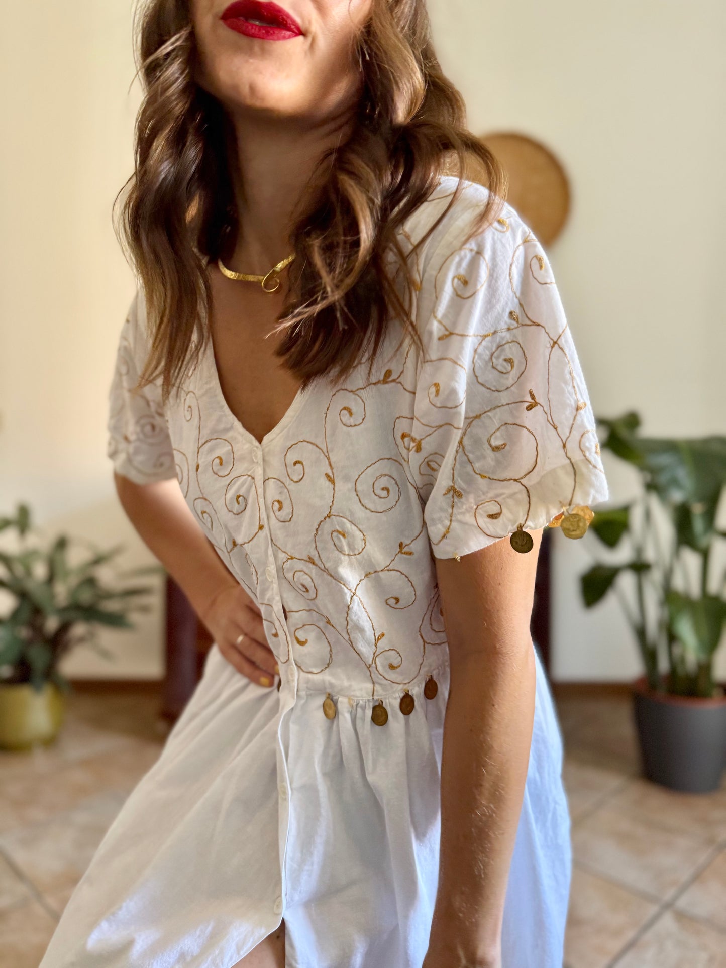 1970’s vintage white cotton prairie midi dress with gold floral embroidery and brass coin detailing