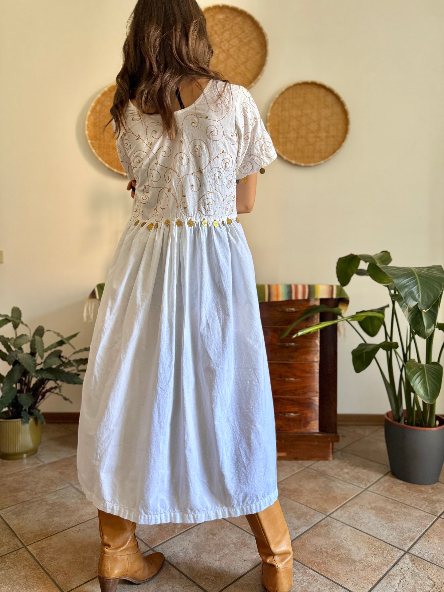 1970’s vintage white cotton prairie midi dress with gold floral embroidery and brass coin detailing
