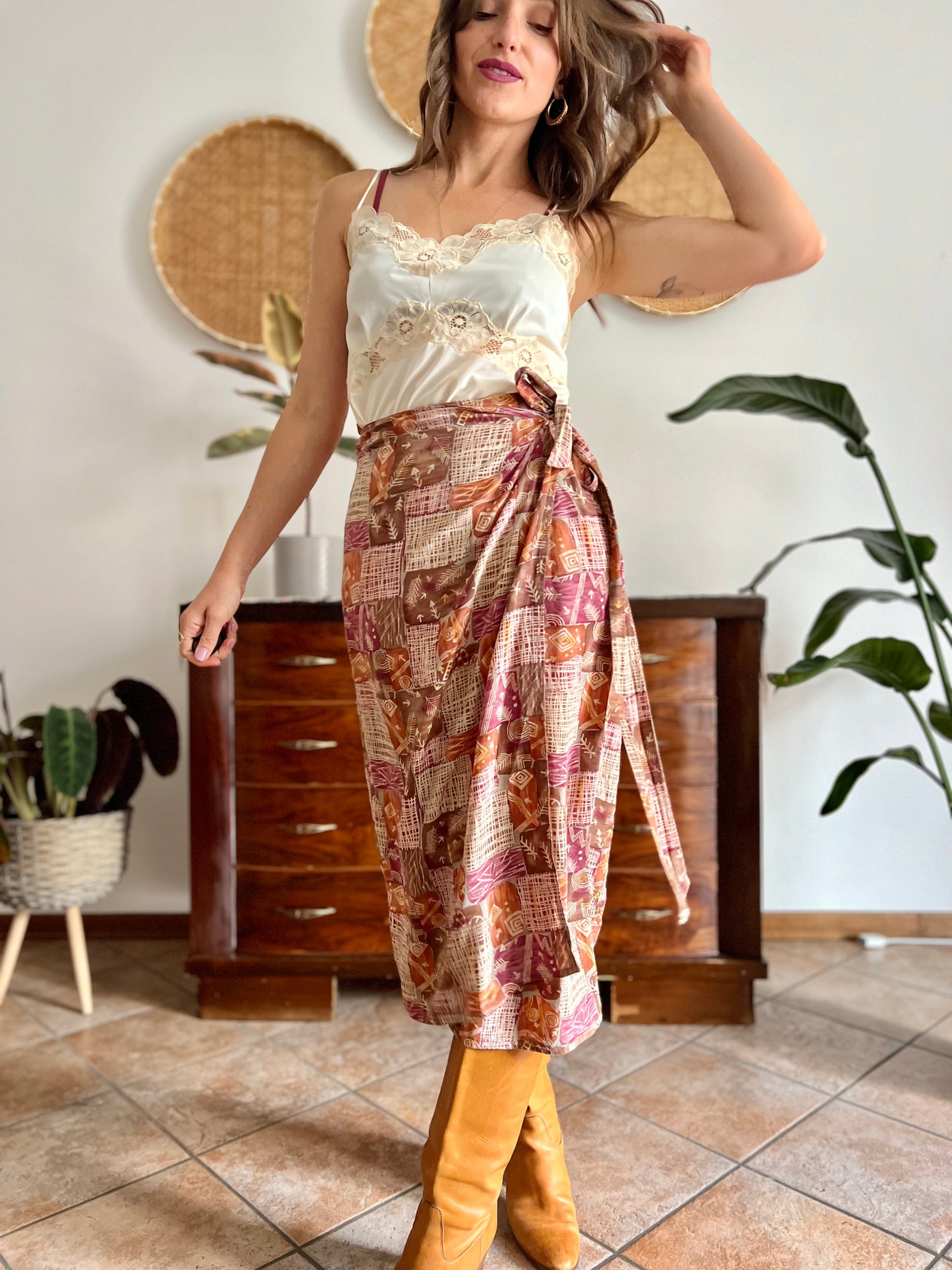 1990's vintage brown and and pink abstract geometric print silk wrap midi skirt