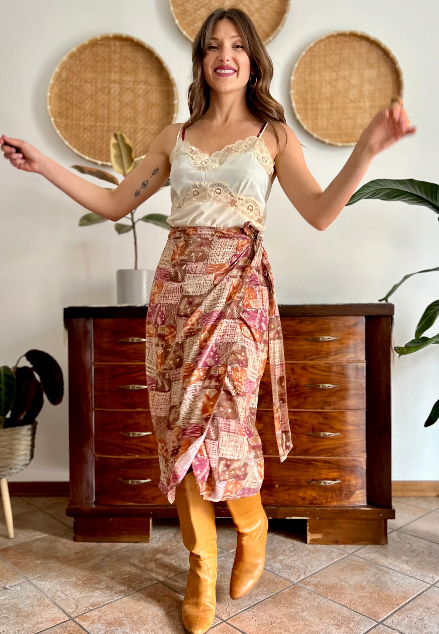 1990's vintage brown and and pink abstract geometric print silk wrap midi skirt