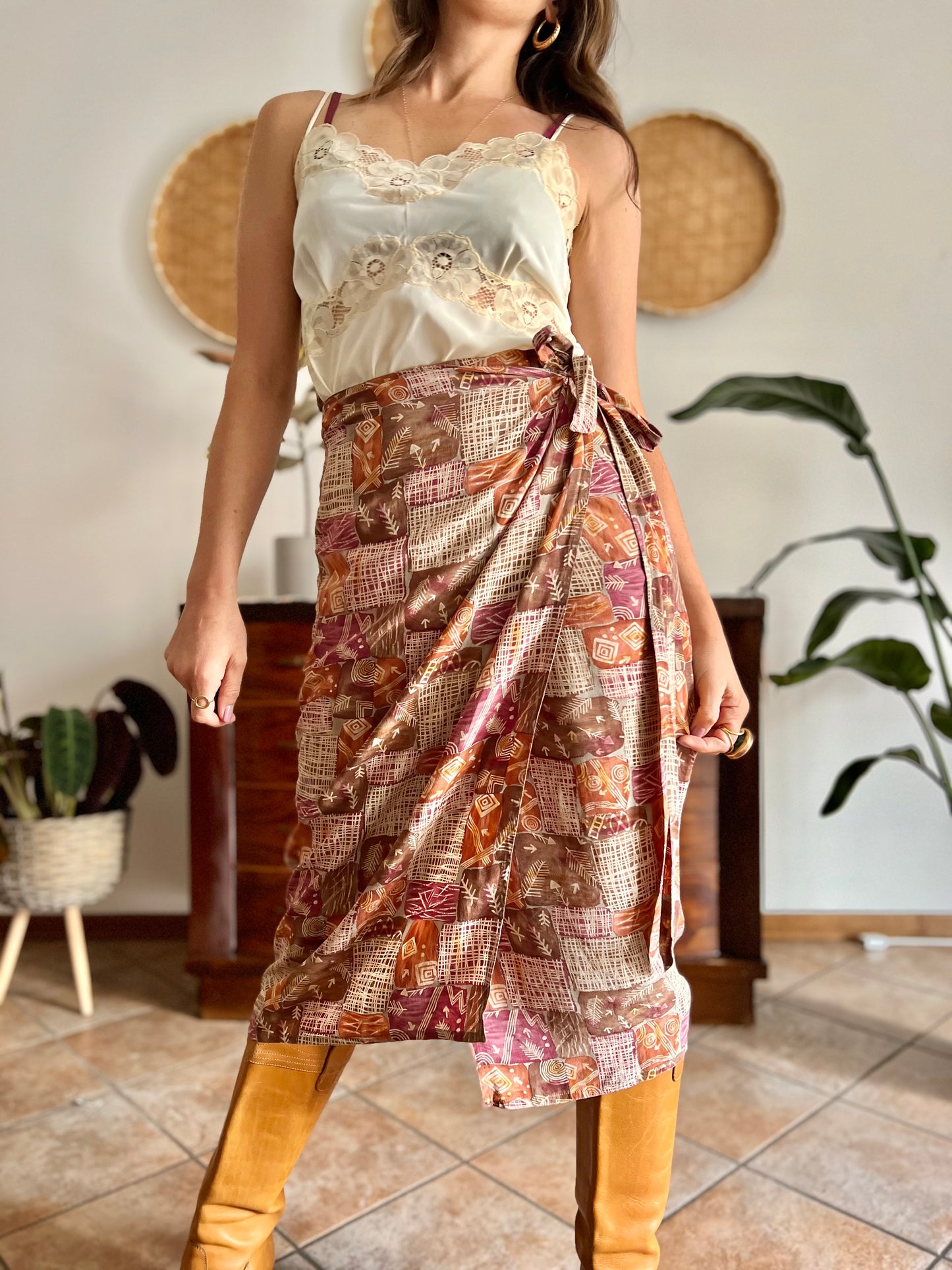 1990's vintage brown and and pink abstract geometric print silk wrap midi skirt