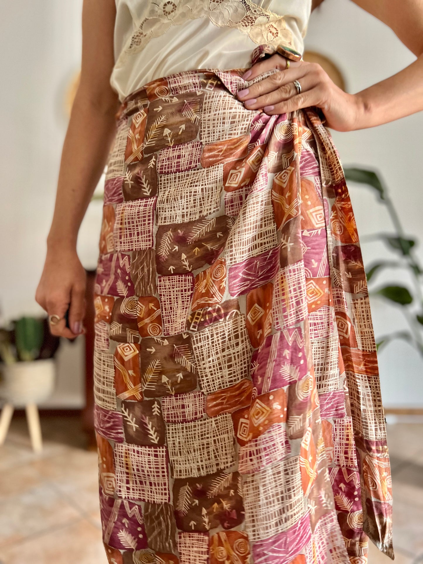 1990's vintage brown and and pink abstract geometric print silk wrap midi skirt