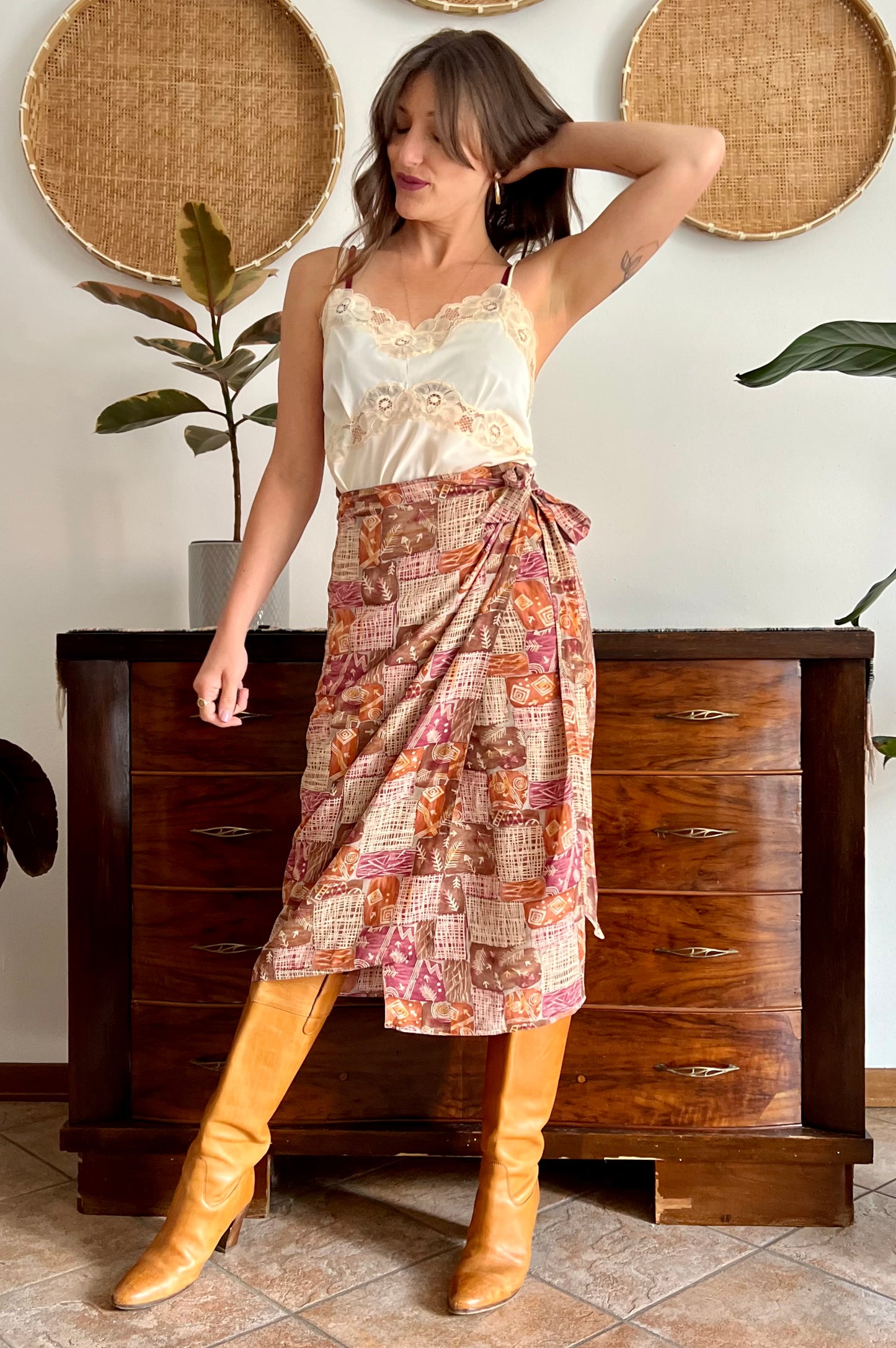1990's vintage brown and and pink abstract geometric print silk wrap midi skirt