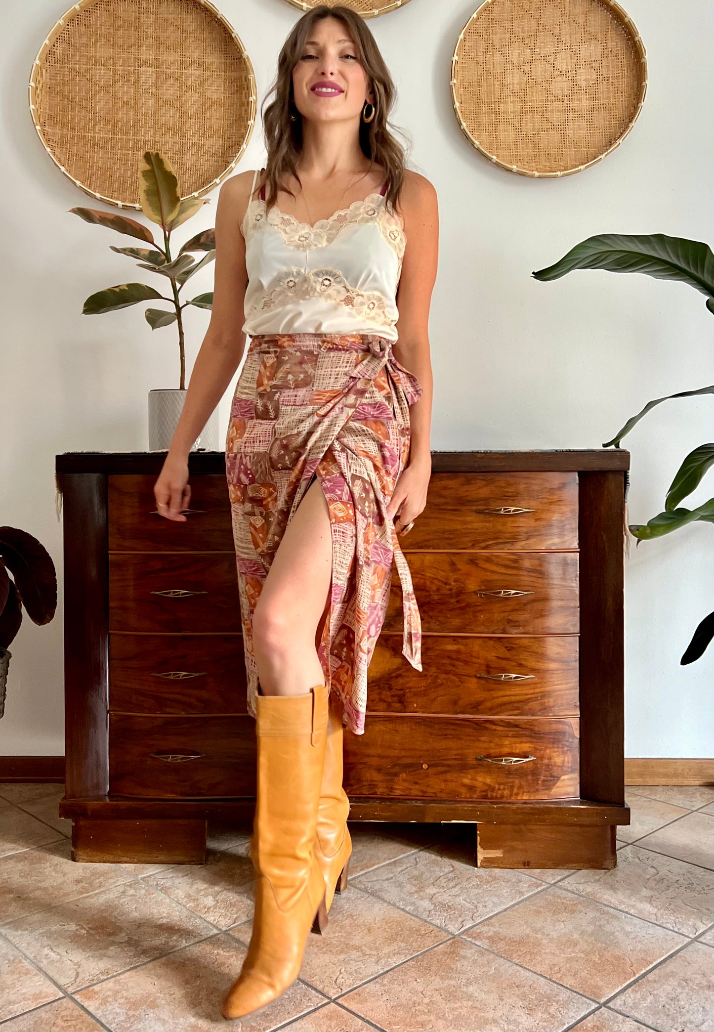 1990's vintage brown and and pink abstract geometric print silk wrap midi skirt