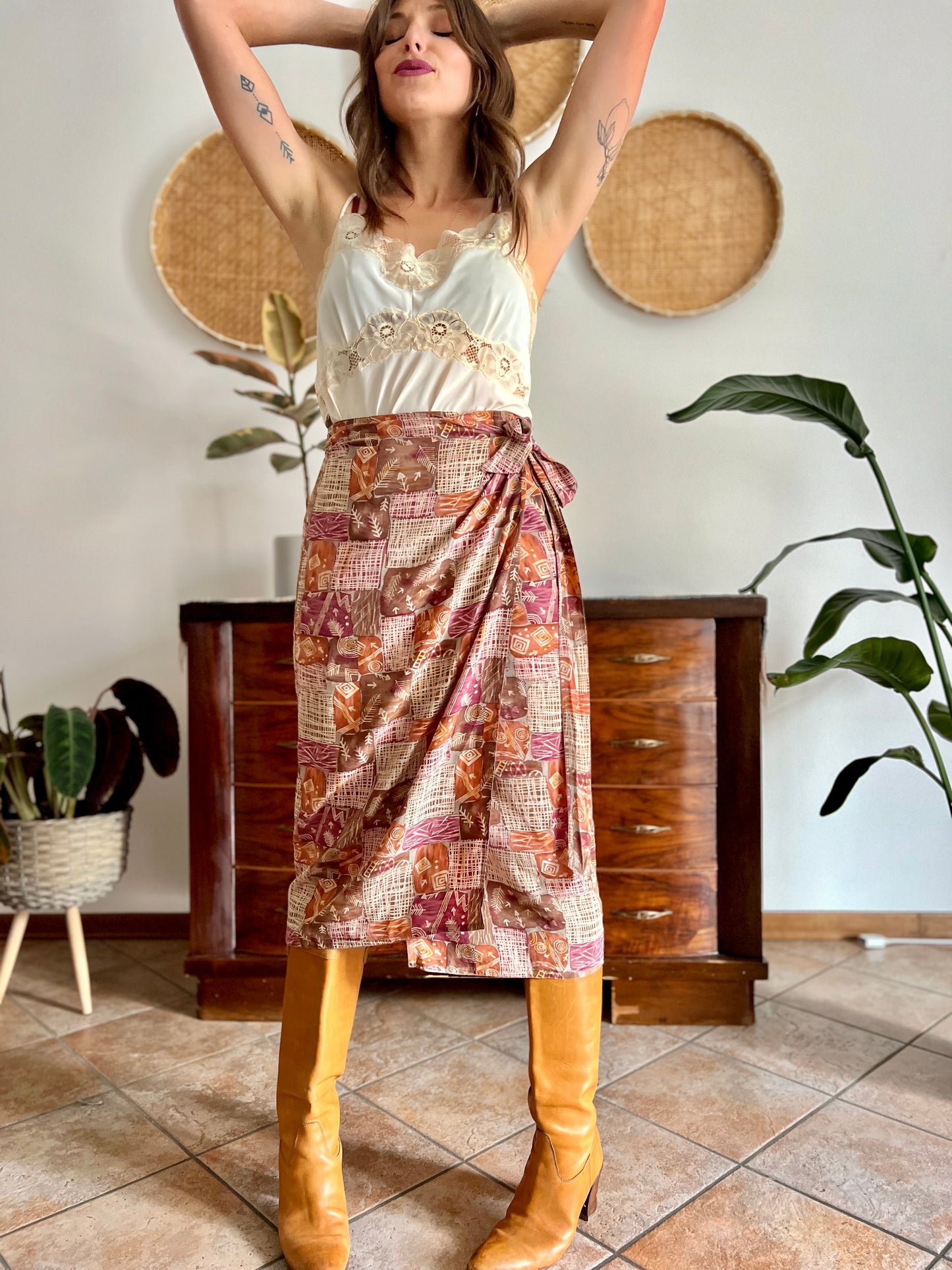 1990's vintage brown and and pink abstract geometric print silk wrap midi skirt