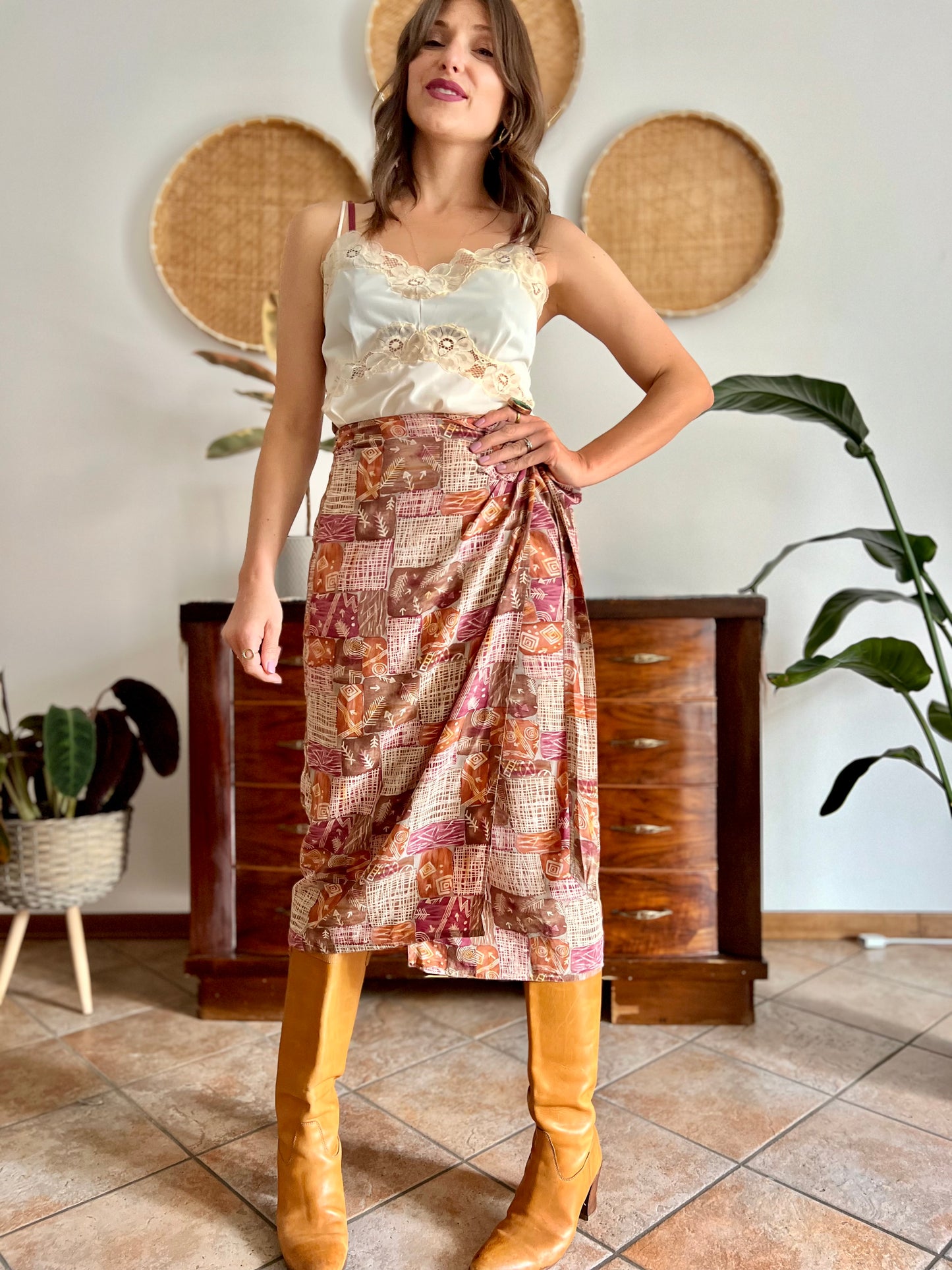 1990's vintage brown and and pink abstract geometric print silk wrap midi skirt