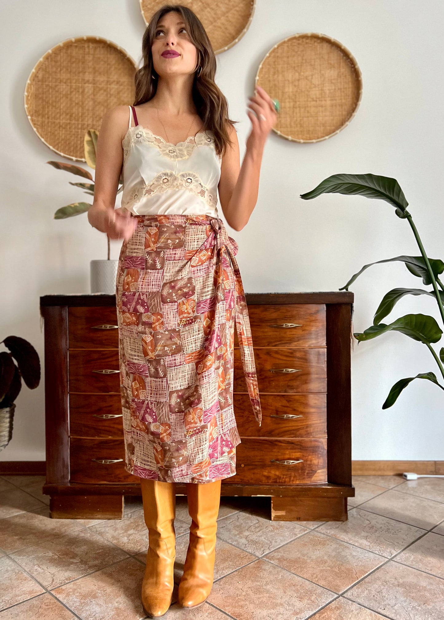 1990's vintage brown and and pink abstract geometric print silk wrap midi skirt
