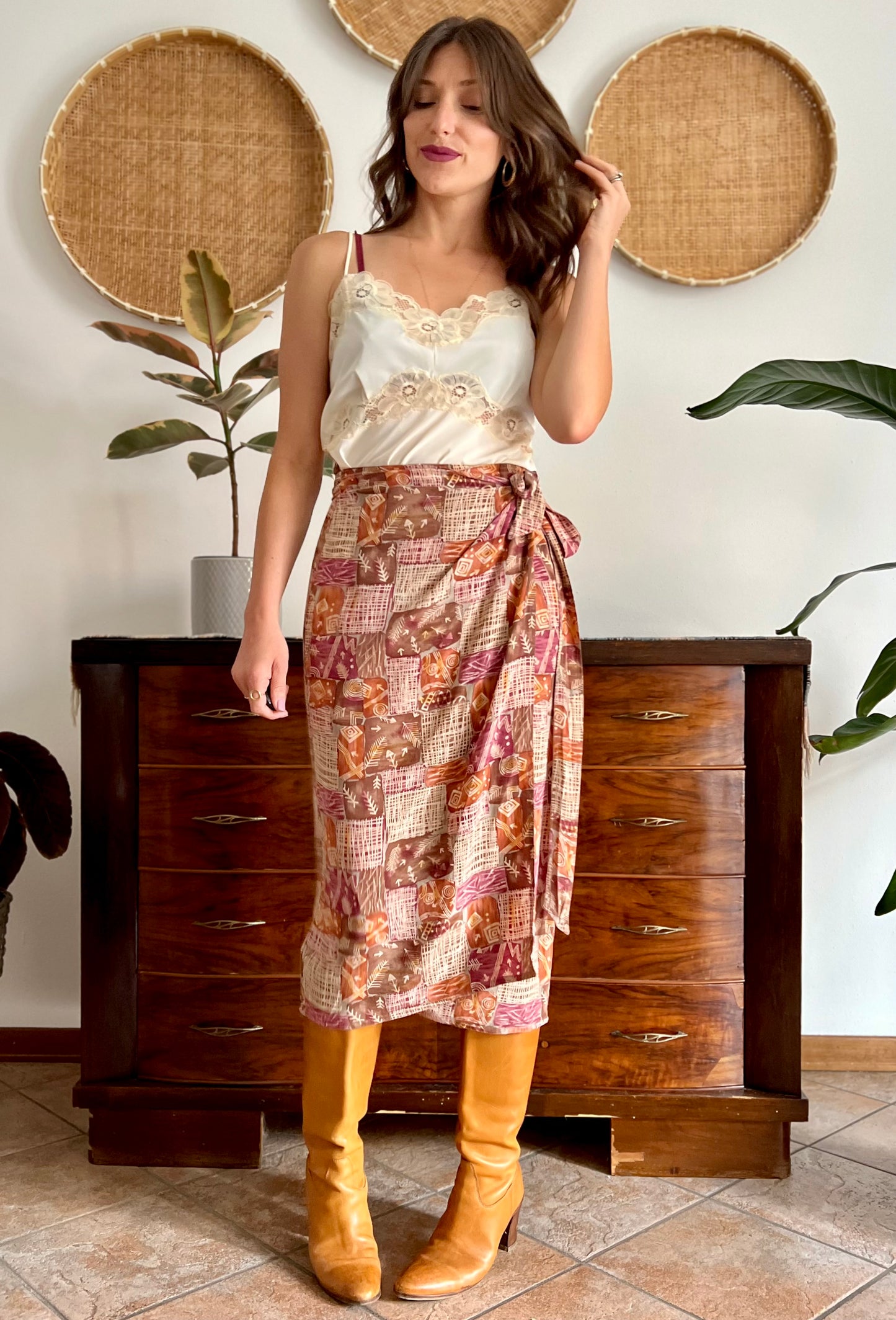 1990's vintage brown and and pink abstract geometric print silk wrap midi skirt