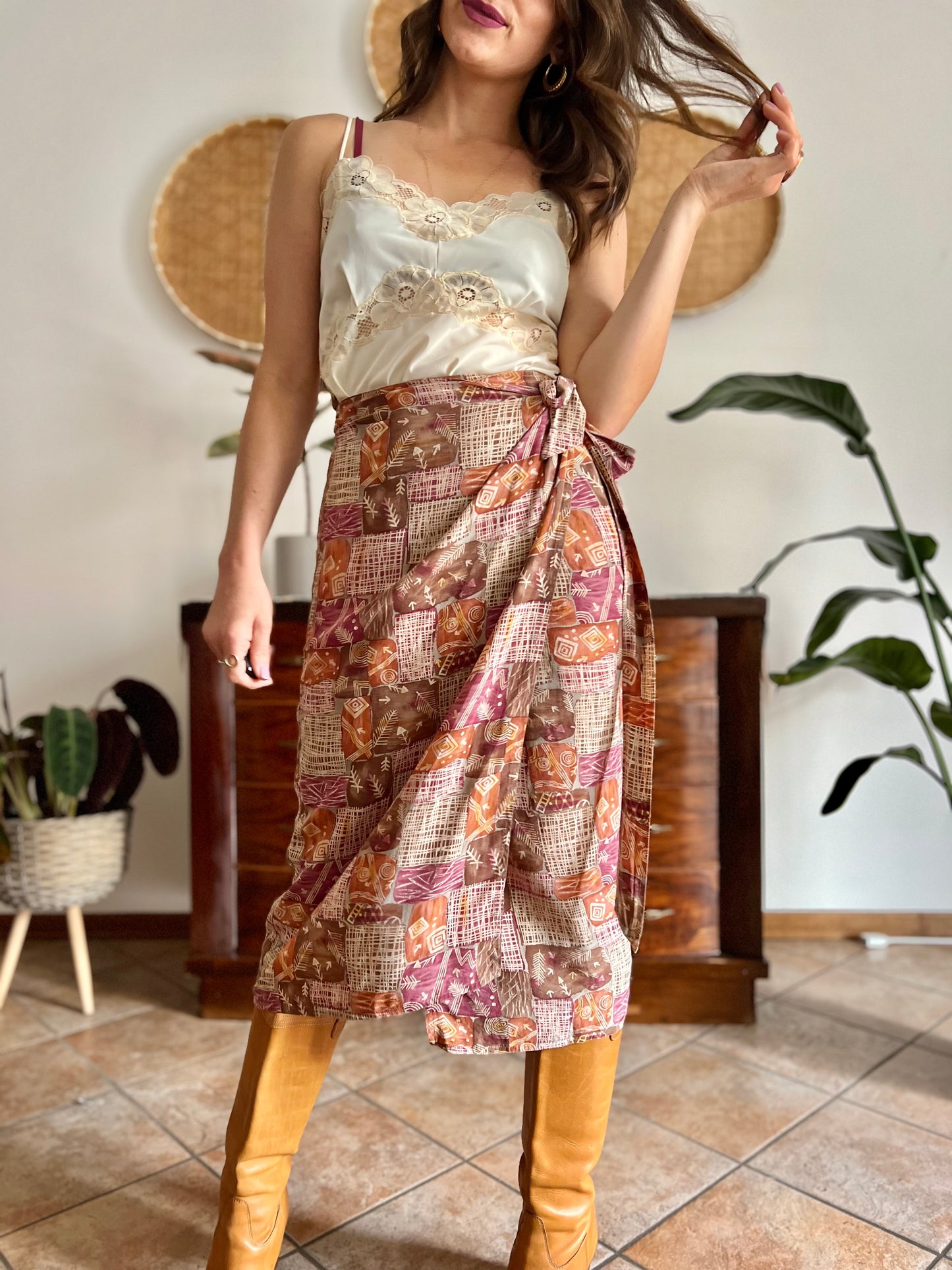 1990's vintage brown and and pink abstract geometric print silk wrap midi skirt