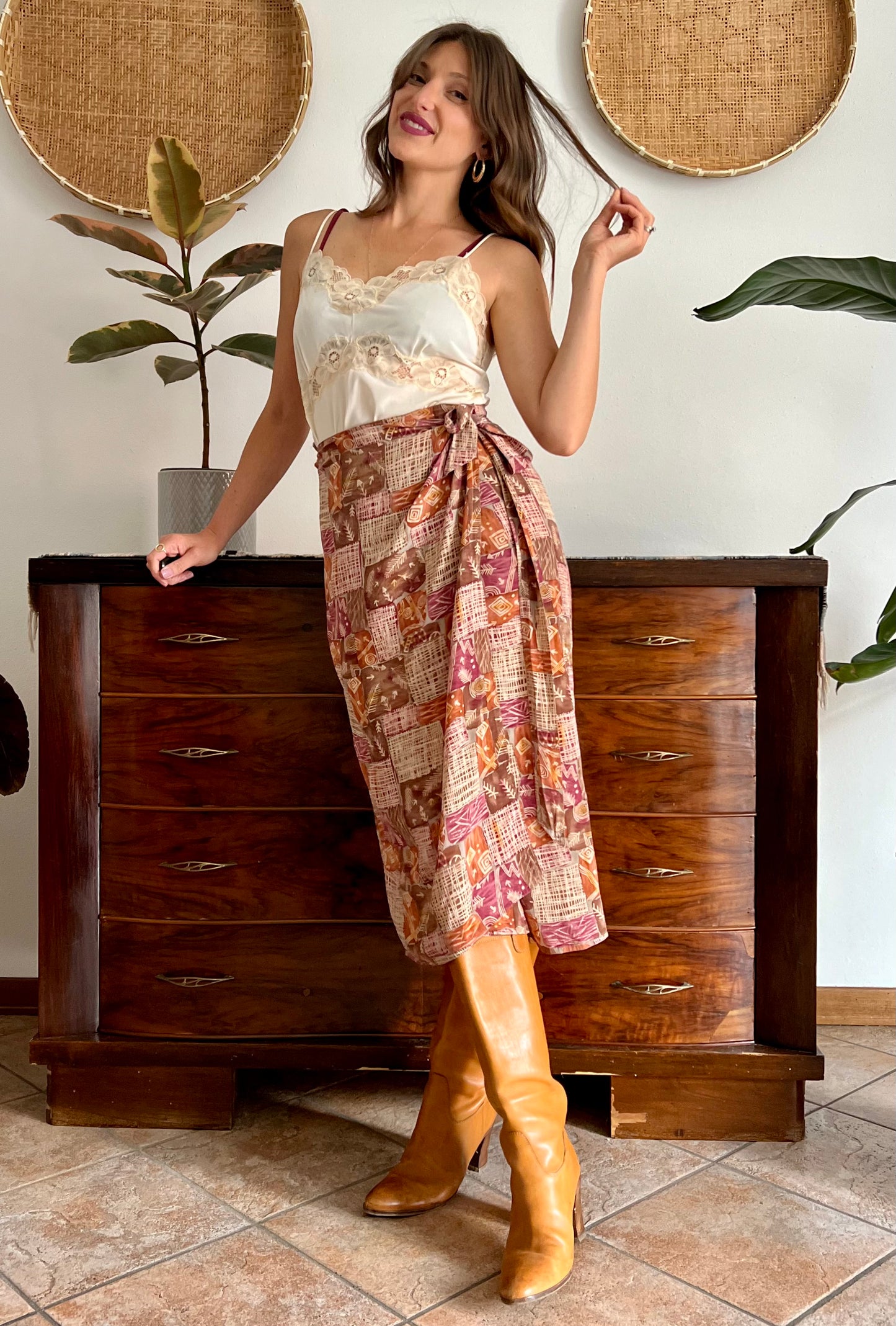 1990's vintage brown and and pink abstract geometric print silk wrap midi skirt