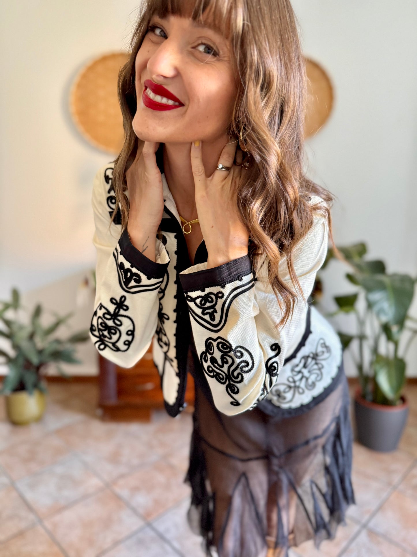 1990's vintage cream textured blazer with black textured embroidery