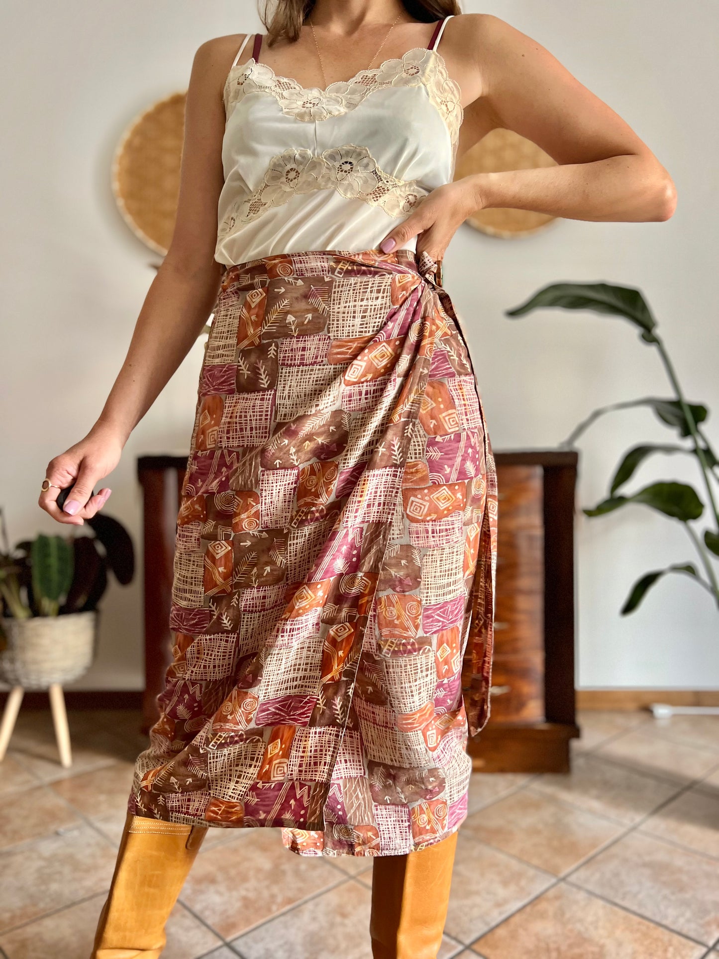 1990's vintage brown and and pink abstract geometric print silk wrap midi skirt